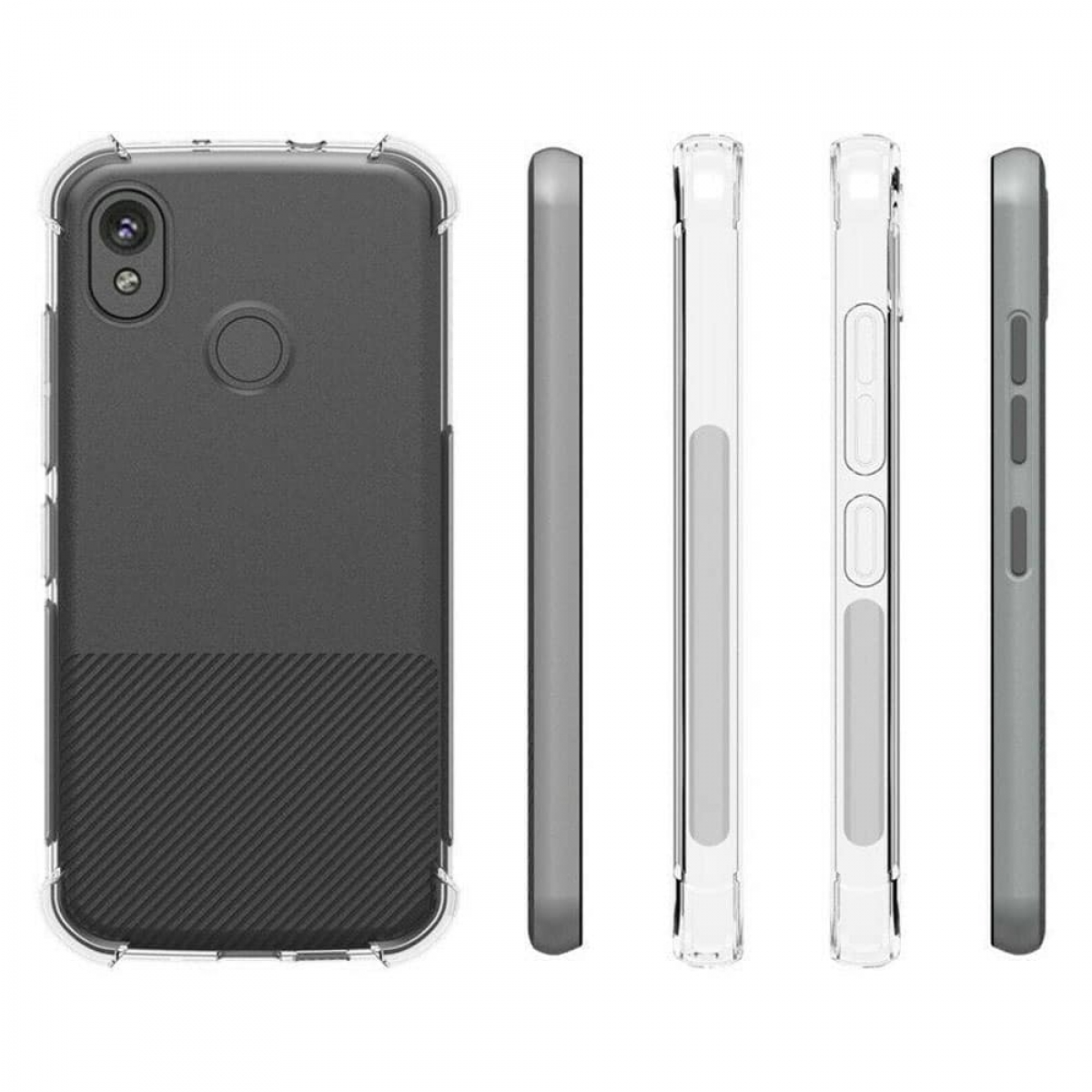 Eine transparente Handyhülle mit einem Telefon, wobei vier Seiten sichtbar sind. Das Telefon hat eine Kamera.