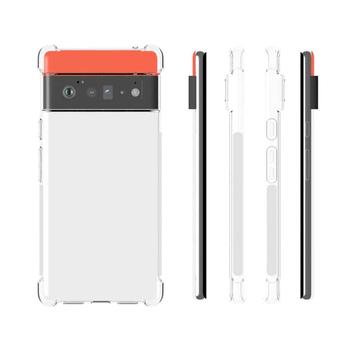 Handyhülle mit weißem Telefon, mehrere Ansichten, orangefarbener Kamerabereich.