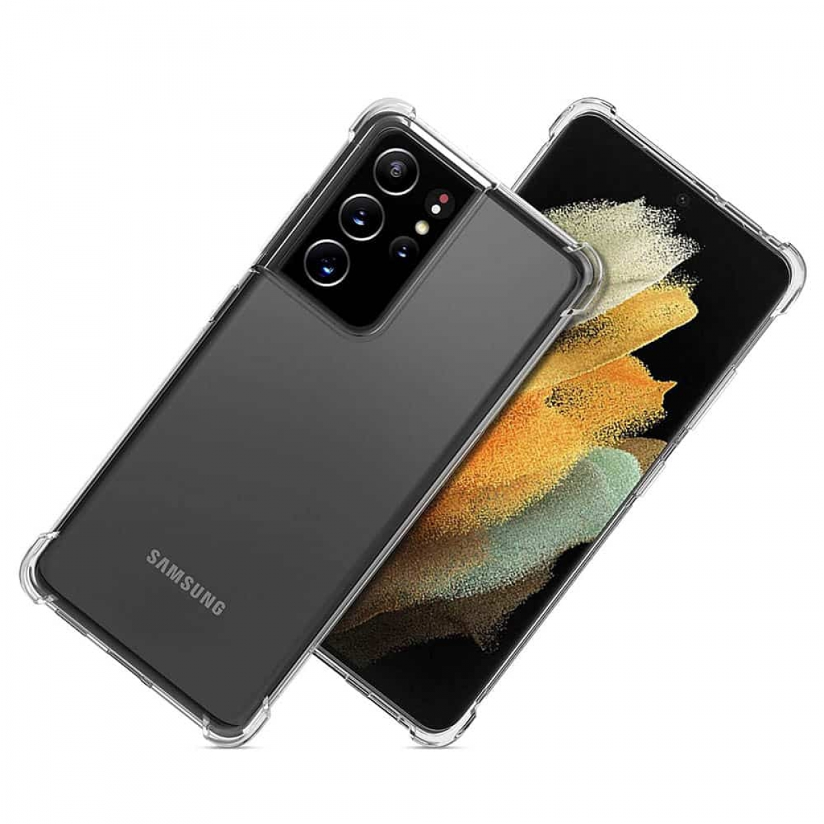 Klare Handyhülle auf schwarzem Samsung. Das Telefon ist leicht angewinkelt und zeigt das Samsung-Logo.