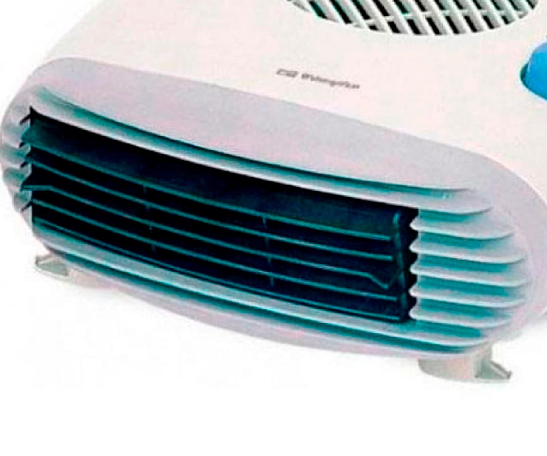 Biały grzejnik z zakrzywionym przodem i niebieskim przyciskiem.