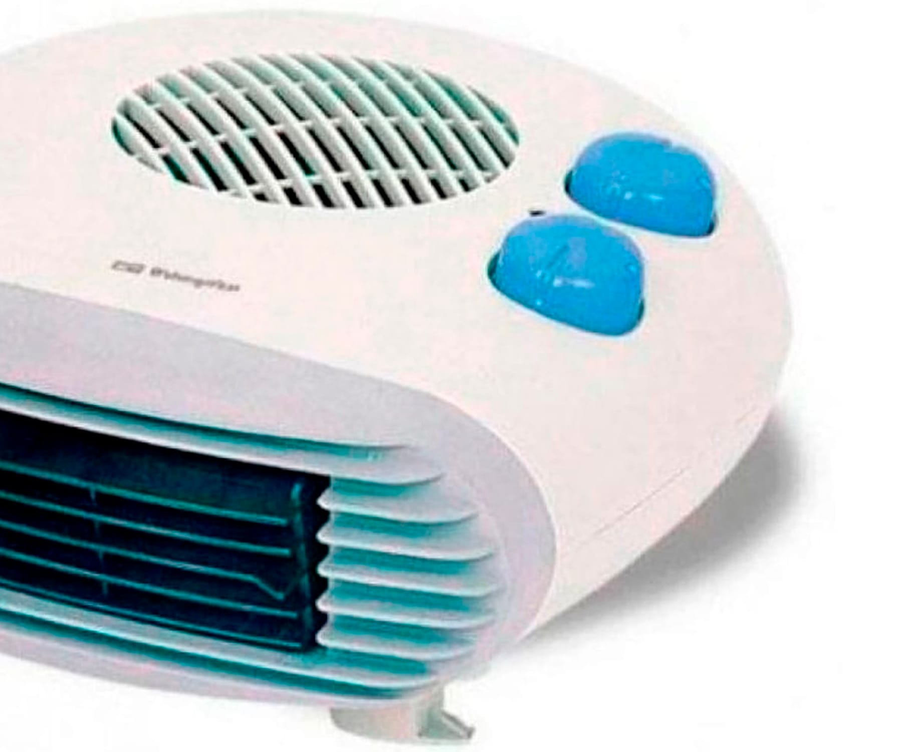 Biały grzejnik elektryczny z niebieskimi elementami sterującymi i otworami wentylacyjnymi.