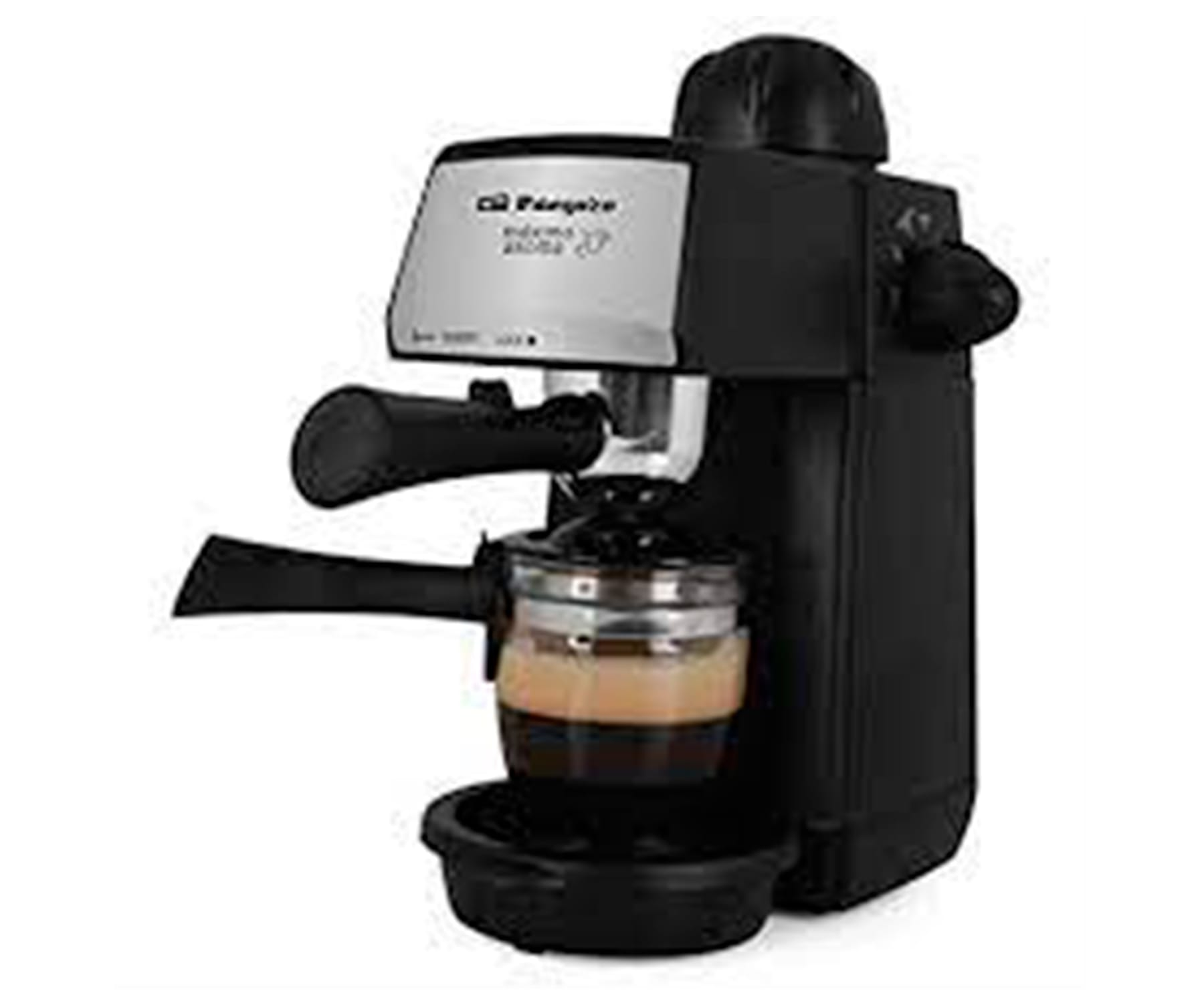 Ekspres do kawy z czarnym korpusem i srebrnymi akcentami. Ma szklaną karafkę z kawą.