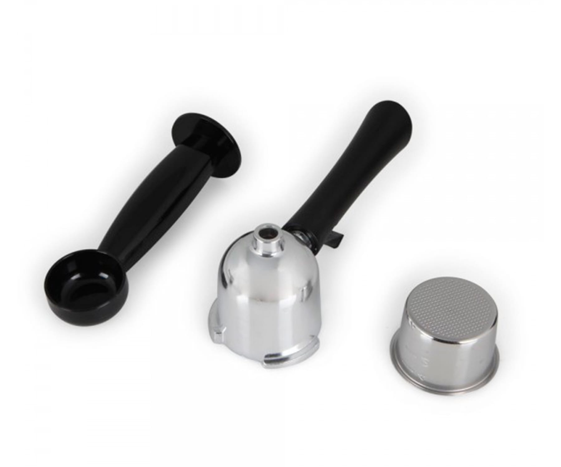 Elementy ekspresu do kawy: miarka, kolba i koszyk filtra na białym tle.