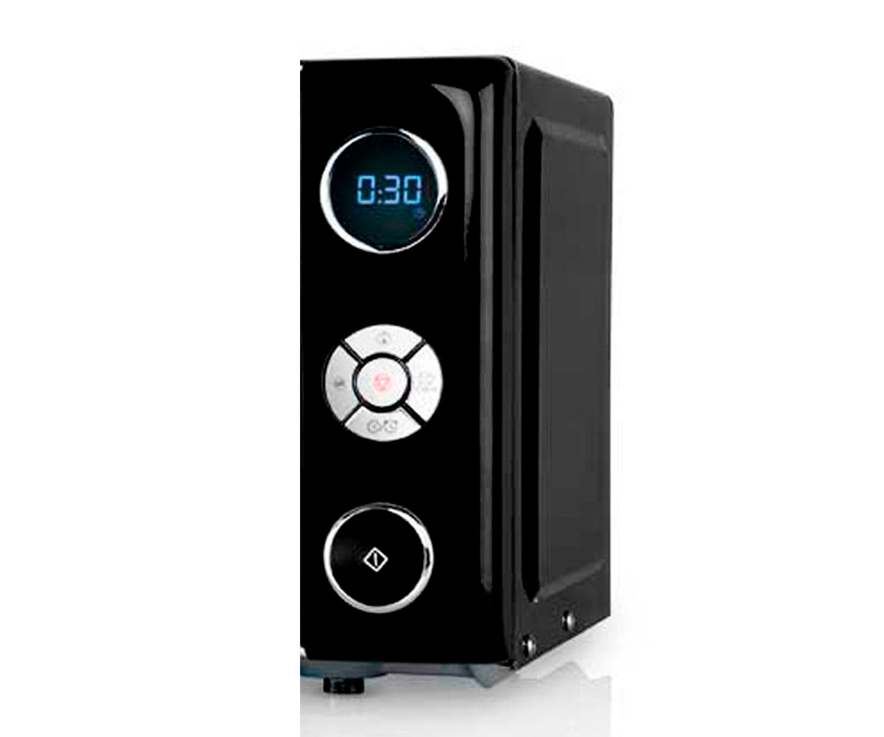 Czarny cyfrowy odtwarzacz multimedialny. Wyświetla 0:30 na ekranie. Przyciski pod ekranem.