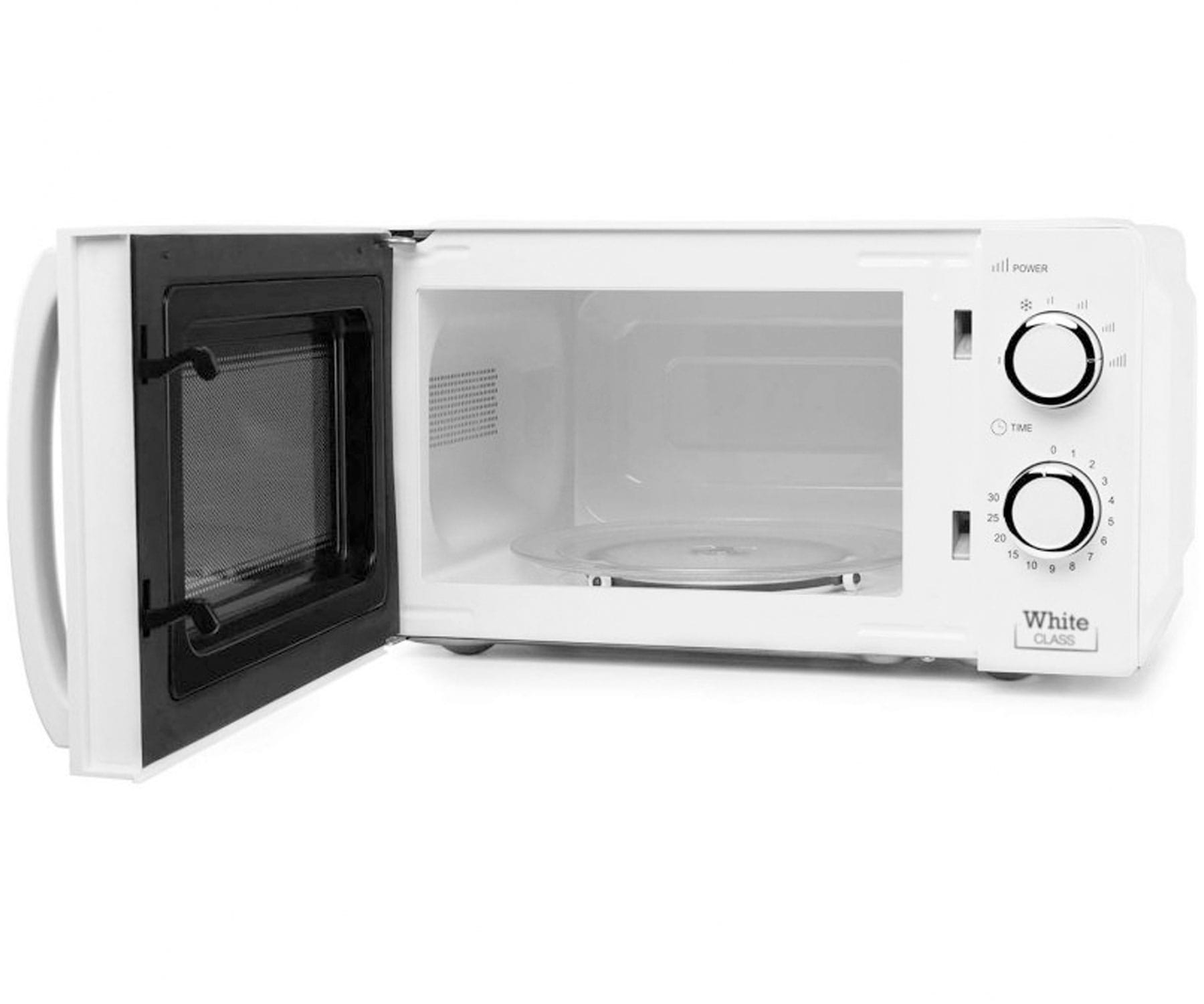Horno microondas blanco con la puerta abierta. Interior con plato de cristal. Panel de control a la derecha.