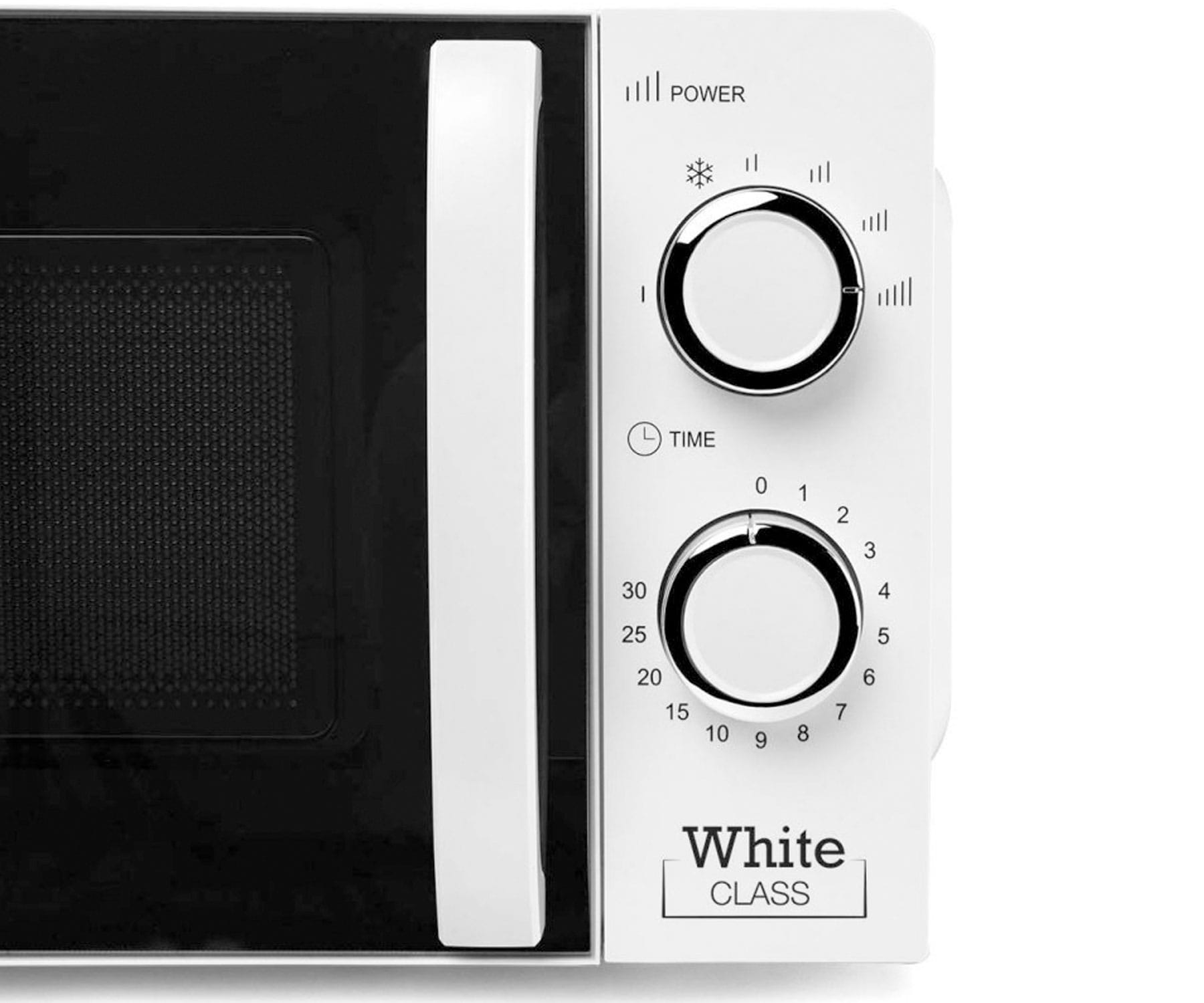 Horno microondas con diales para ajustes de potencia y tiempo.