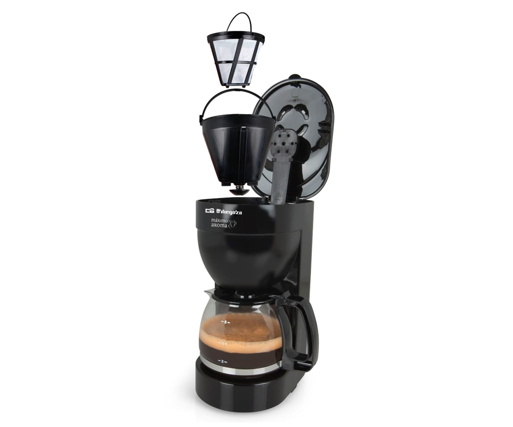 Czarny ekspres do kawy, rozebrany, pokazujący elementy. Obecna szklana karafka z kawą.