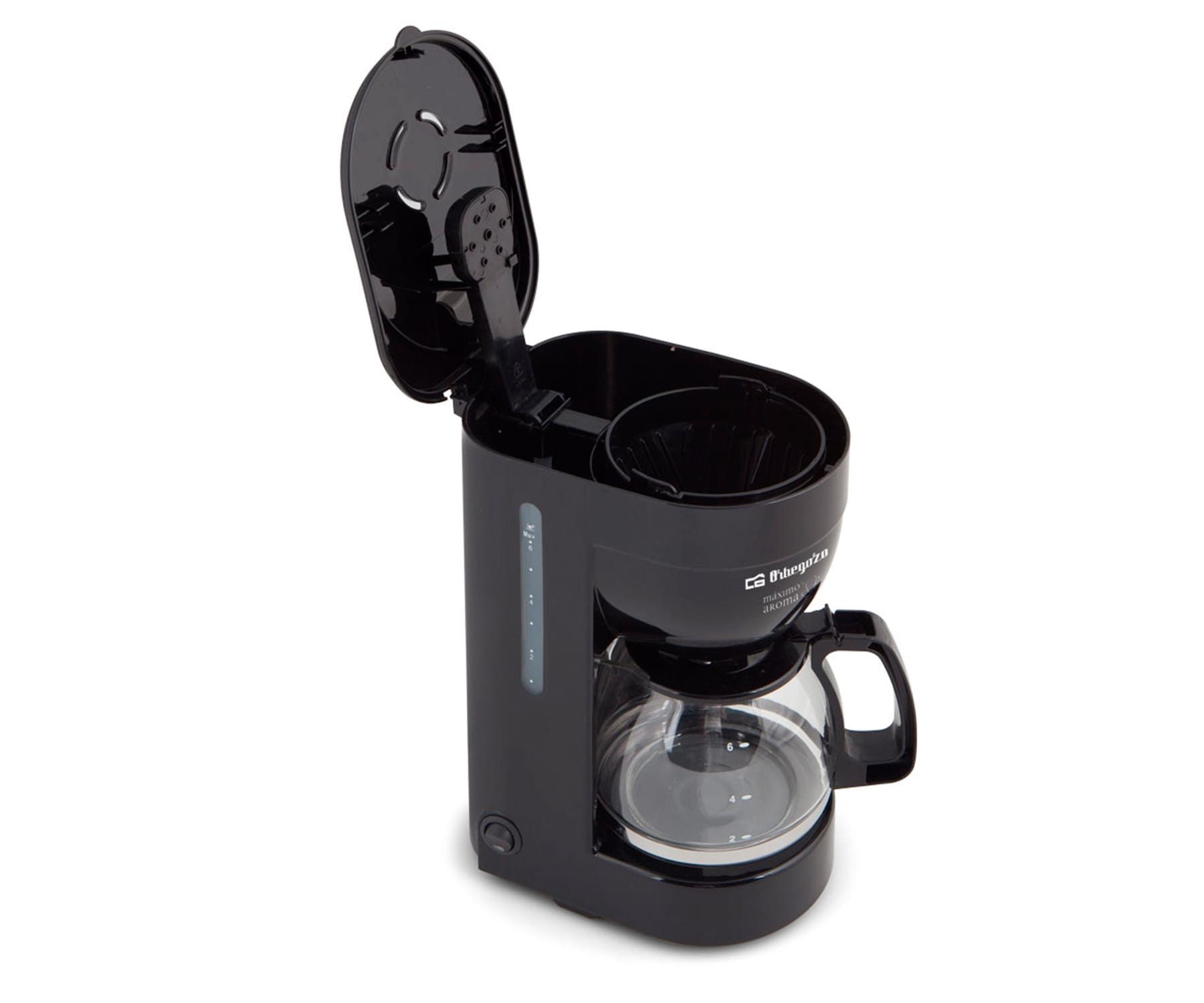 Czarny ekspres do kawy z otwartą pokrywą, pokazujący koszyk na filtr i szklaną karafkę.