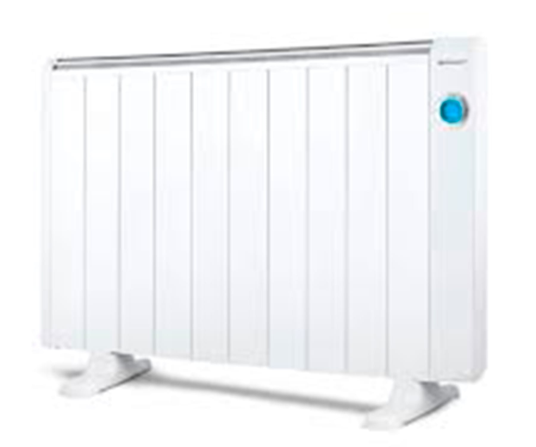 Biały grzejnik elektryczny, widok z przodu na białym tle. Ma niebieski przycisk.