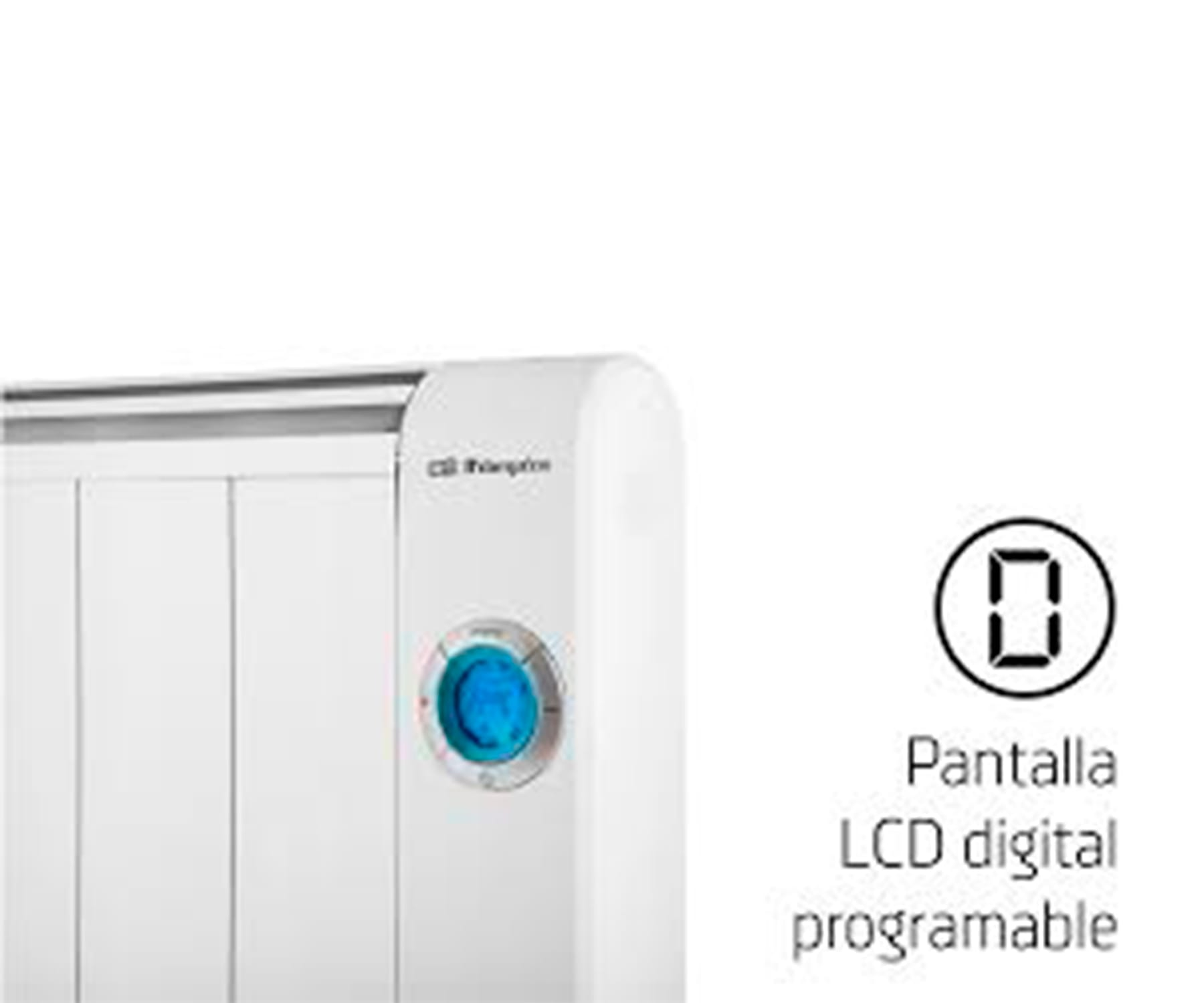 Biały grzejnik elektryczny z wyświetlaczem cyfrowym. Wyświetlacz pokazuje liczbę.