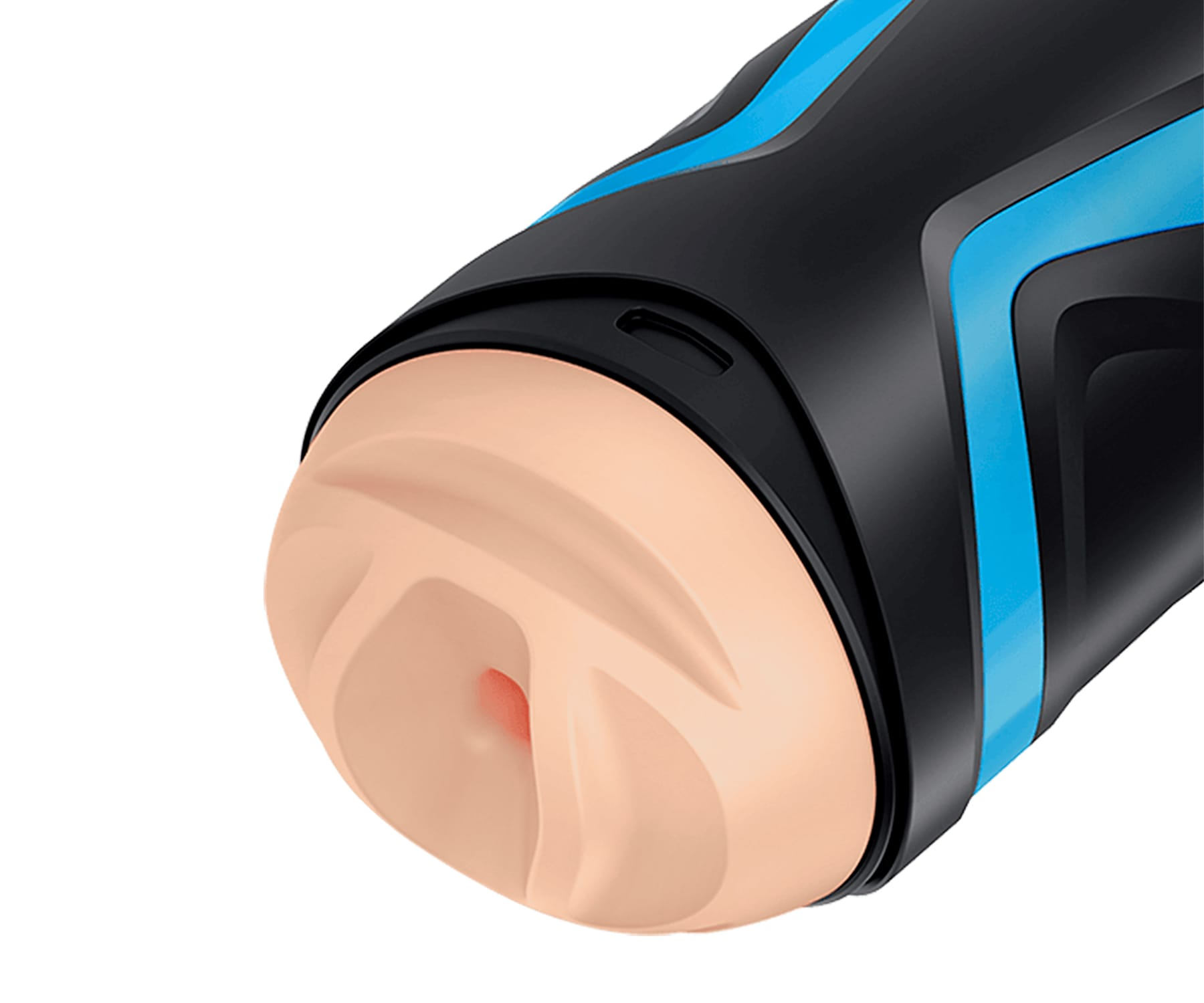 Czarna i niebieska zabawka erotyczna, widok z przodu. Koniec jest cielisty.