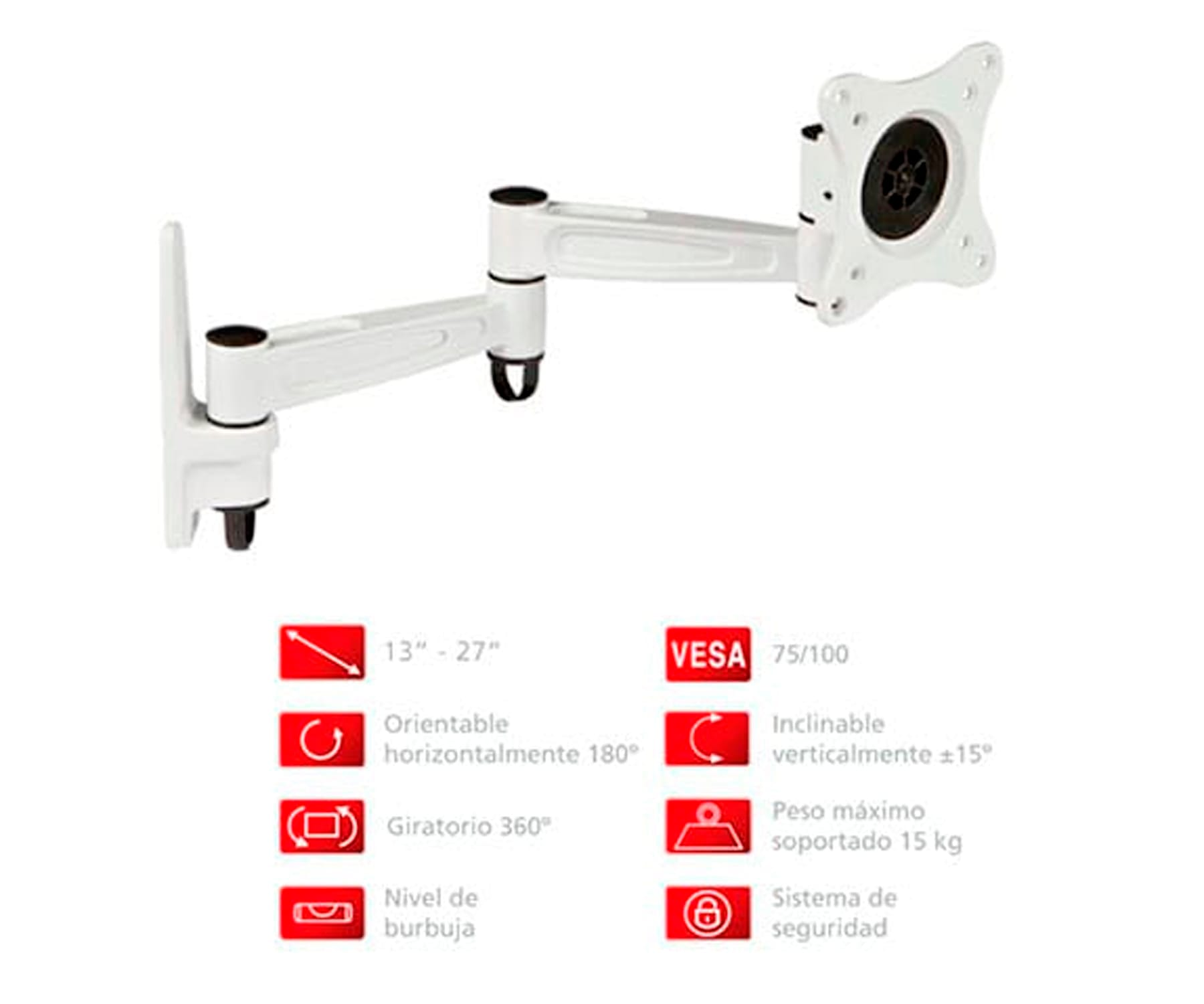 Ein weißer Monitorarm mit weißem Sockel, mit Symbolen, die seine Funktionen und Eigenschaften detailliert beschreiben.