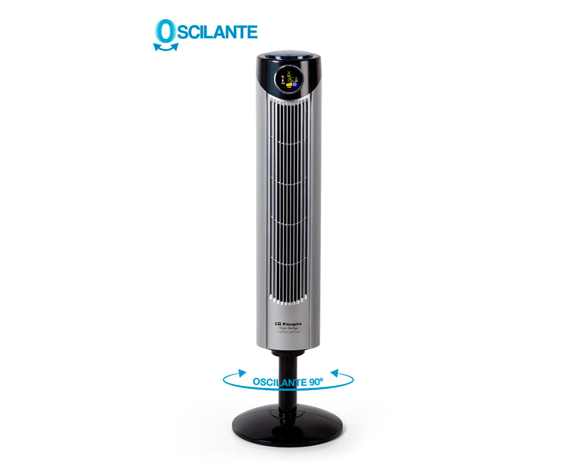Ventilador oscilante plateado y negro con pantalla digital, base negra y oscilación 90°.