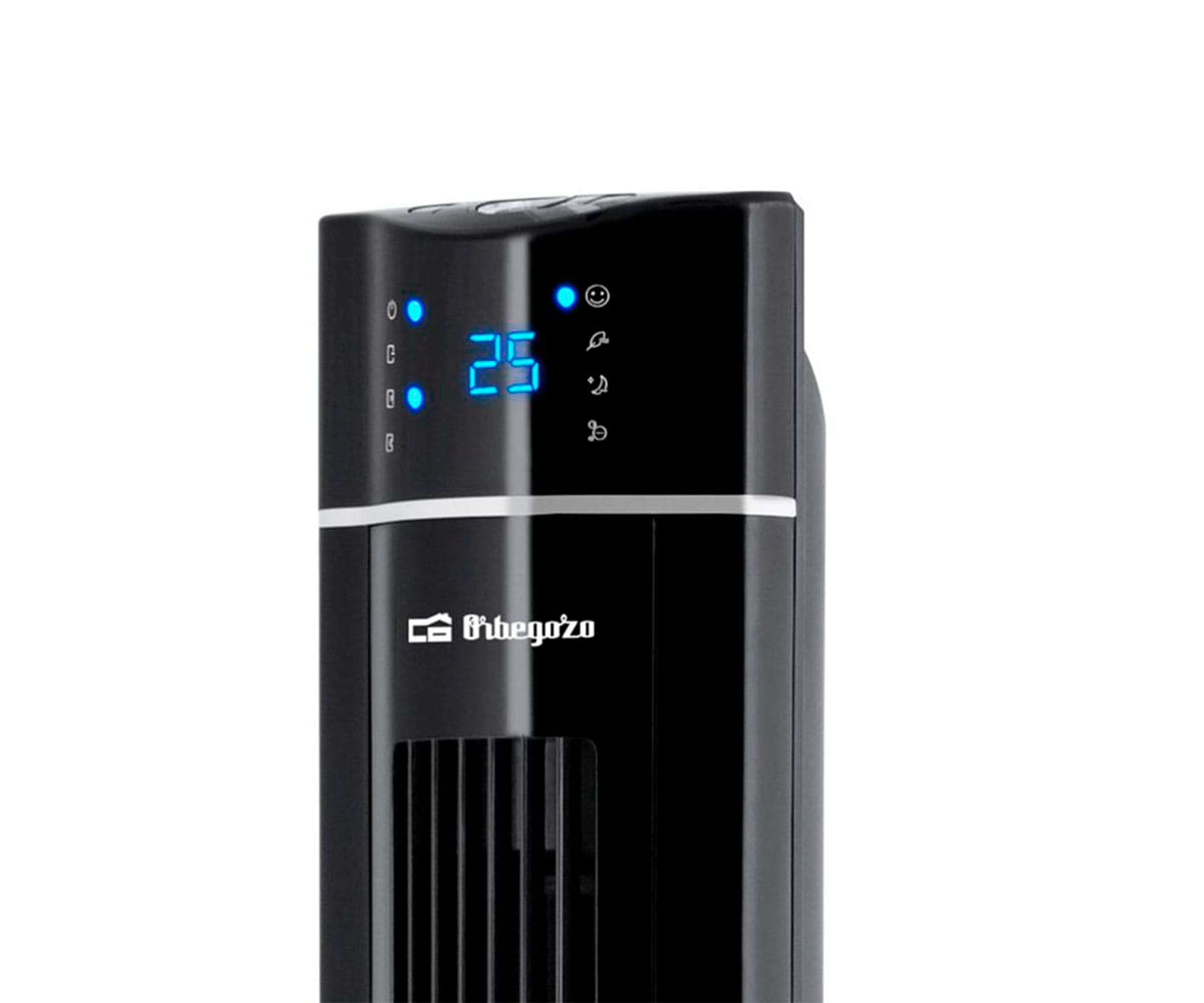 Czarny wentylator wieżowy z wyświetlaczem cyfrowym. Wyświetlacz pokazuje temperaturę 25°C.