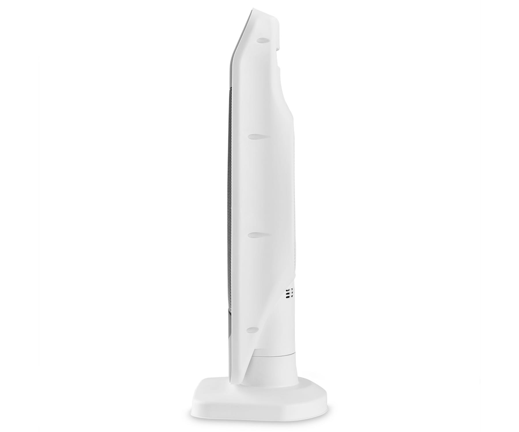 Biały telewizor. Widok z boku ze stojakiem. Tło jest białe.