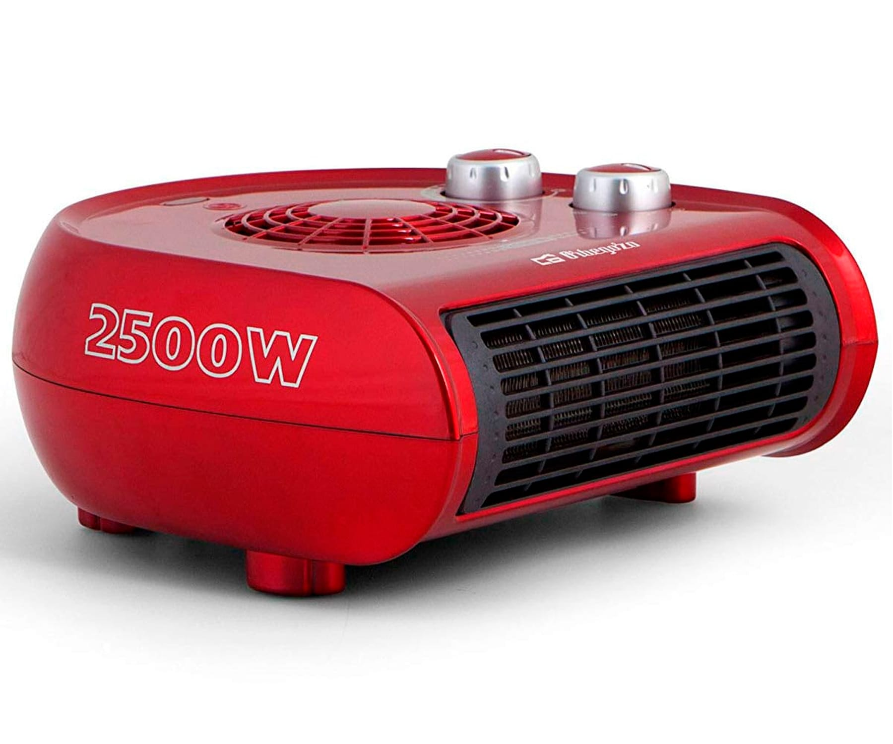 Czerwony, owalny grzejnik elektryczny z dwoma pokrętłami i wentylatorem, białe tło.