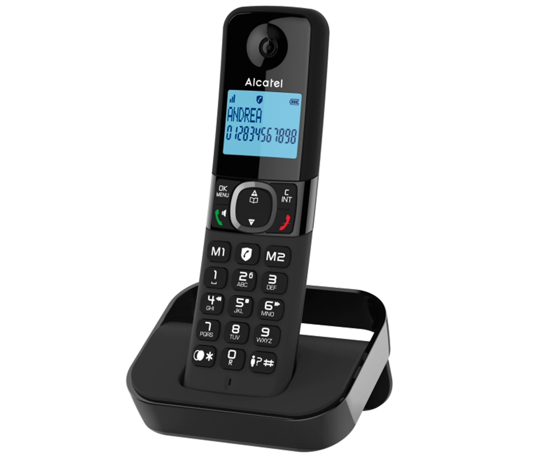 Teléfono inalámbrico negro en una base de carga con una pantalla que muestra números.