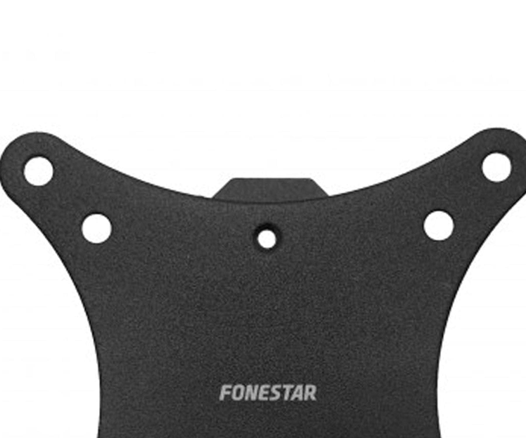 Un soporte negro con cuatro orificios para tornillos y un orificio central. La marca FONESTAR es visible.