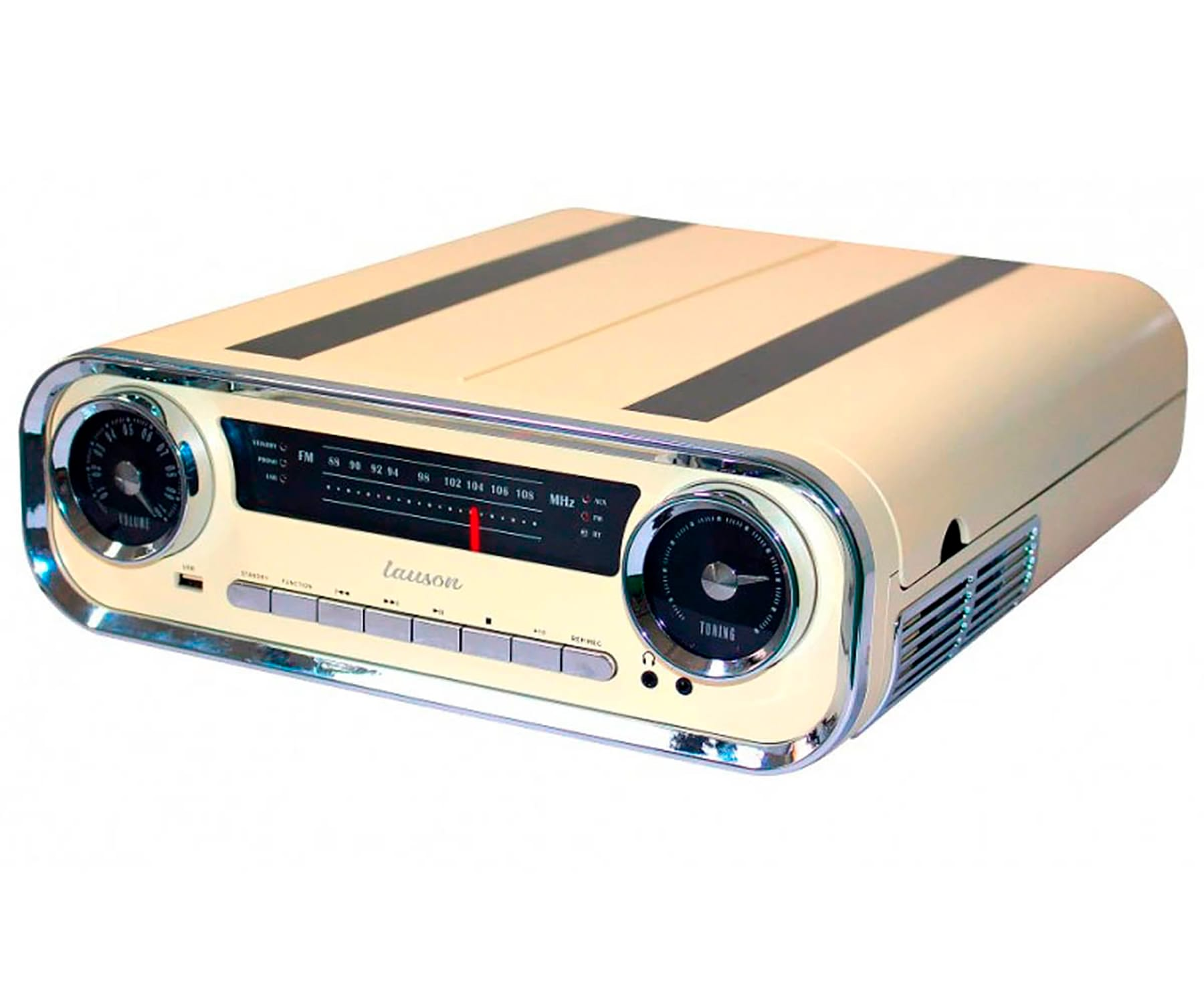 Radio retro de color crema con rayas negras y detalles cromados, mostrando diales y botones.