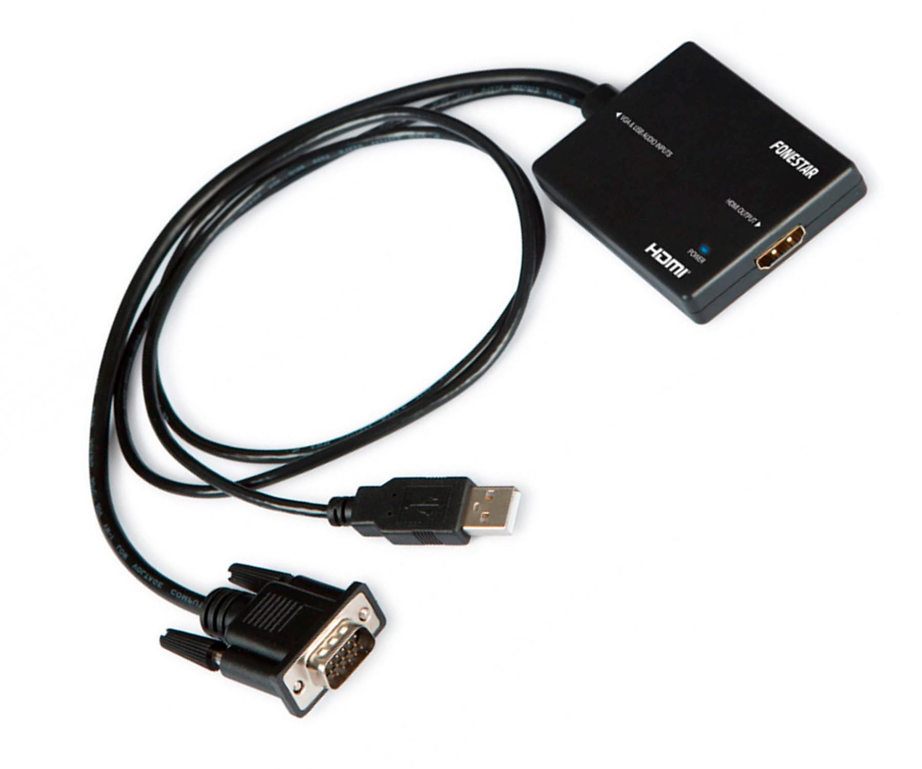 Adaptador HDMI negro con cables VGA y USB sobre fondo blanco.