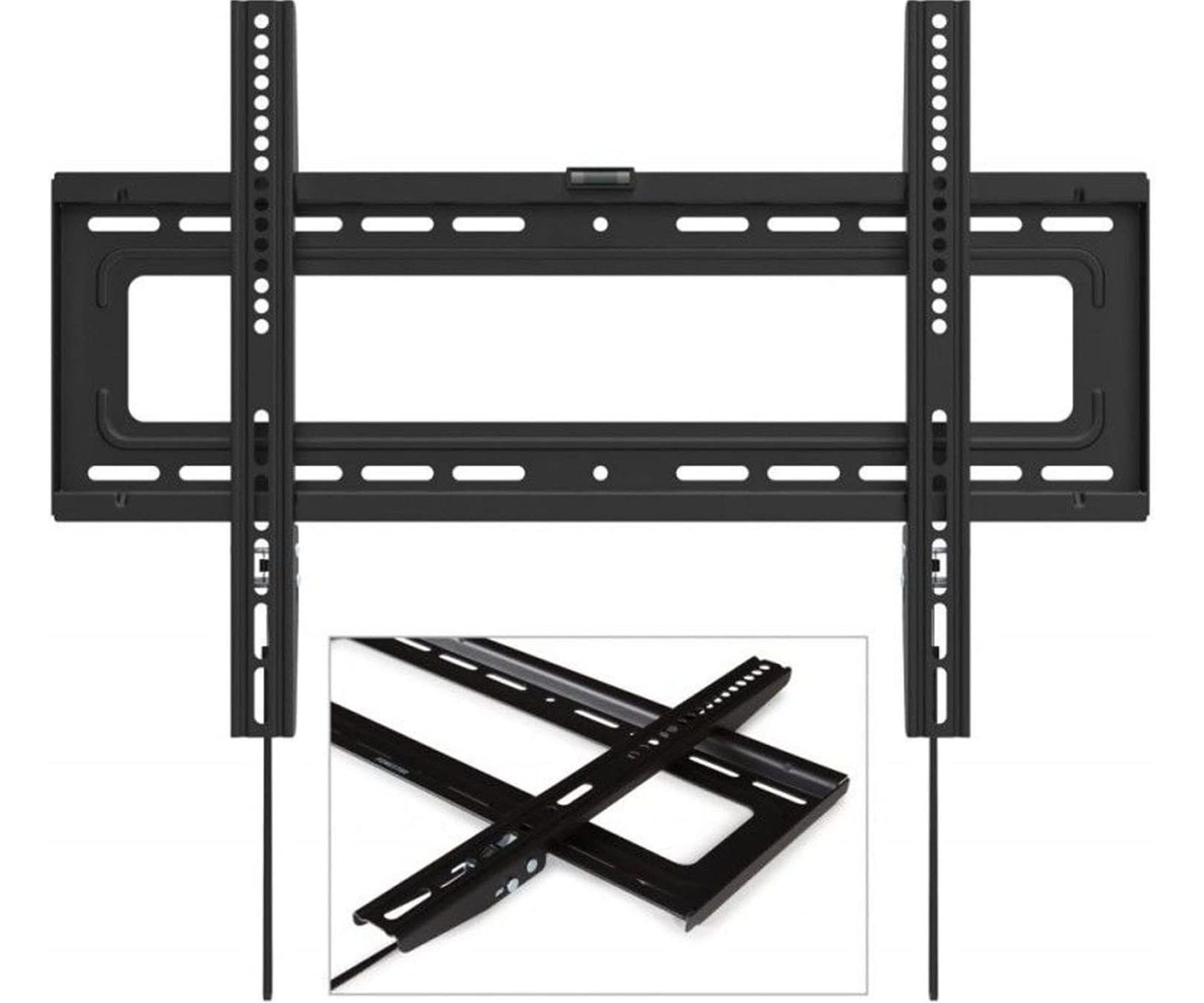 Soporte de pared para TV negro con accesorios de montaje, imagen de barras horizontales.