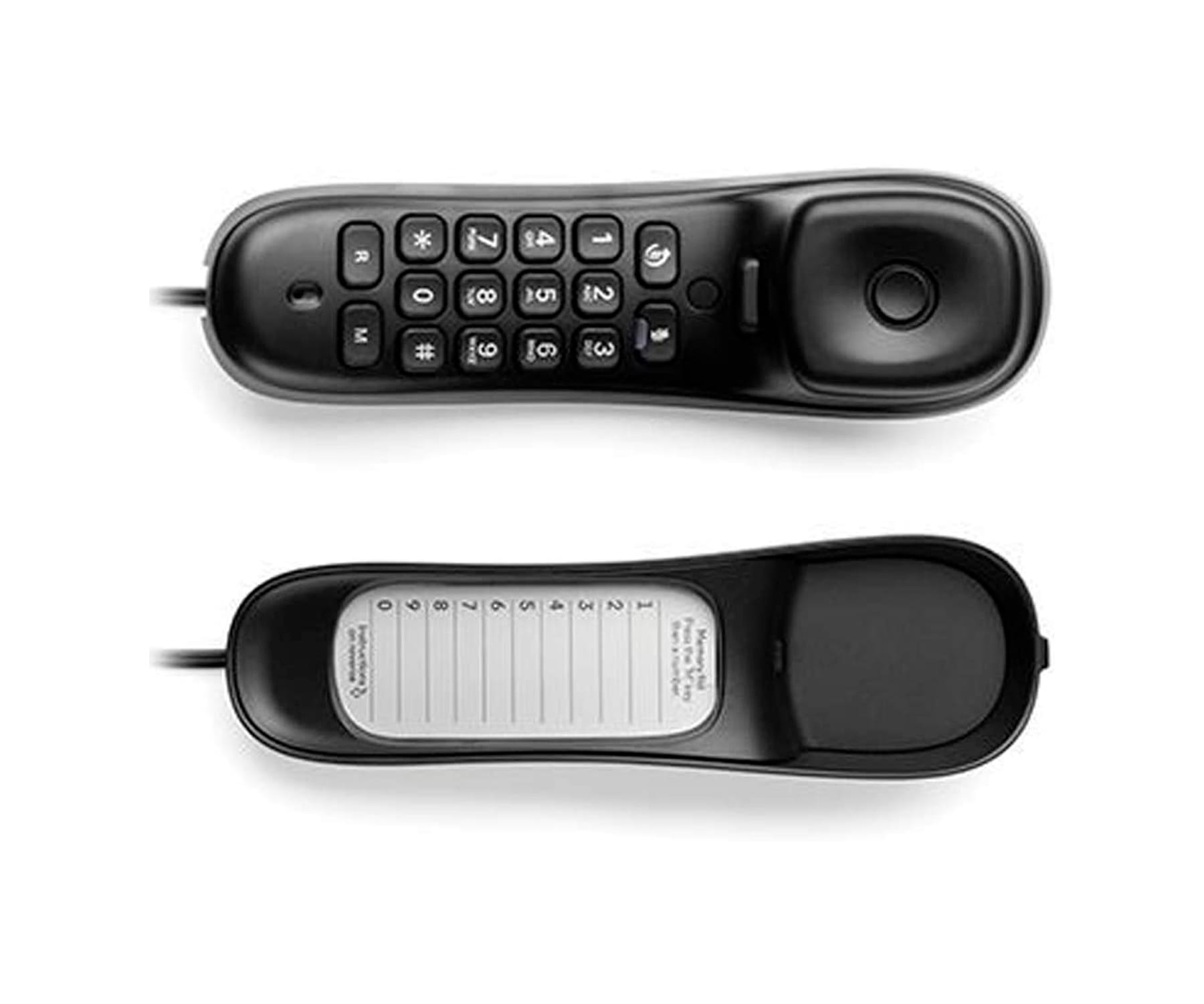 Teléfono negro con teclado y auricular. La parte inferior muestra una pegatina para escribir números.