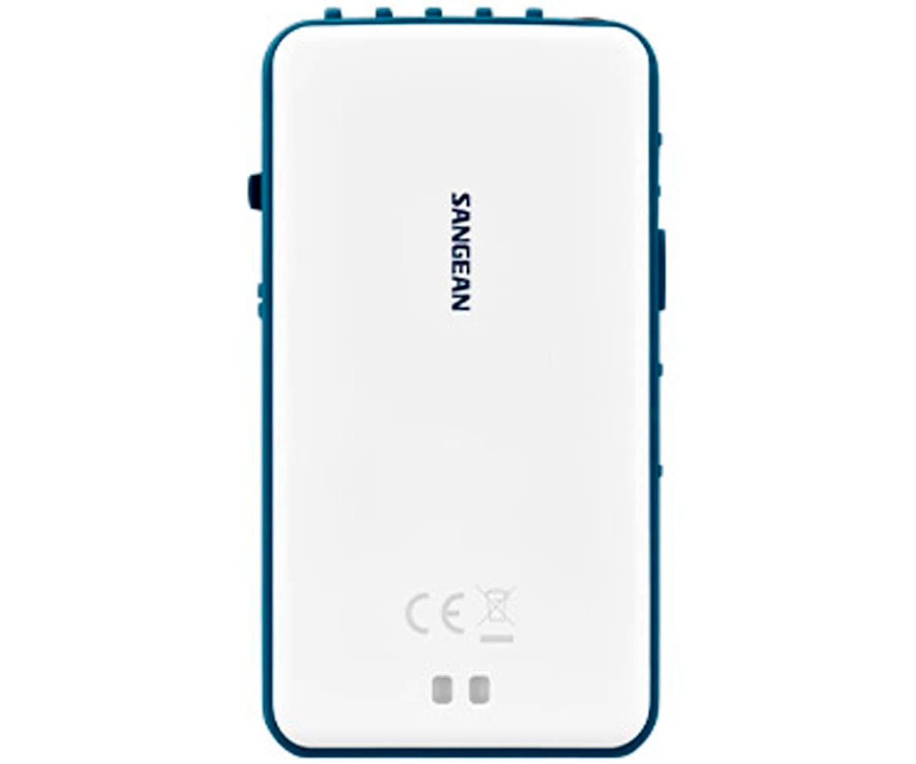 Biało-niebieskie urządzenie Sangean z nazwą marki.