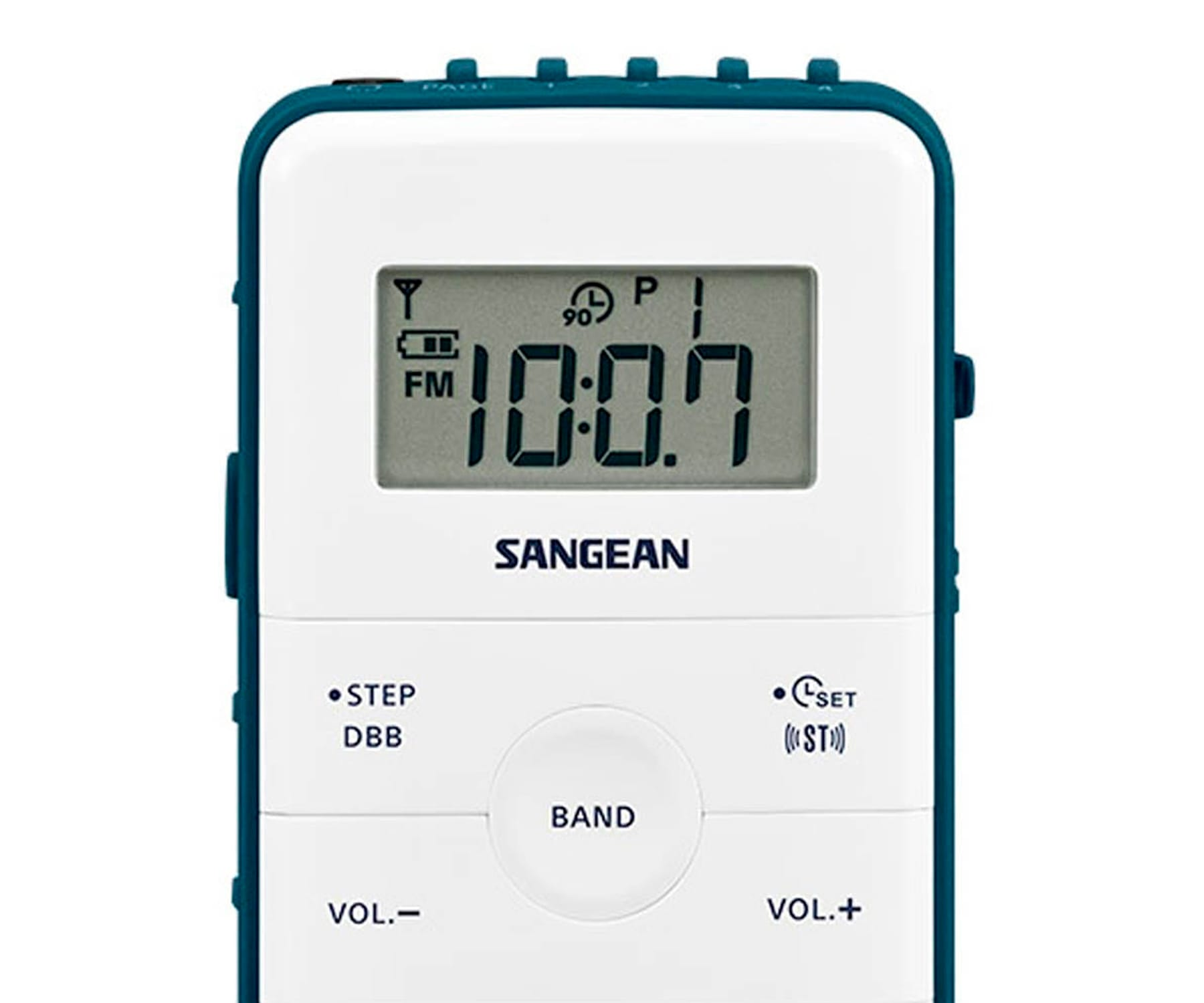 Małe biało-turkusowe radio z wyświetlaczem cyfrowym pokazującym '100.7 FM'. Widoczne są również przyciski.