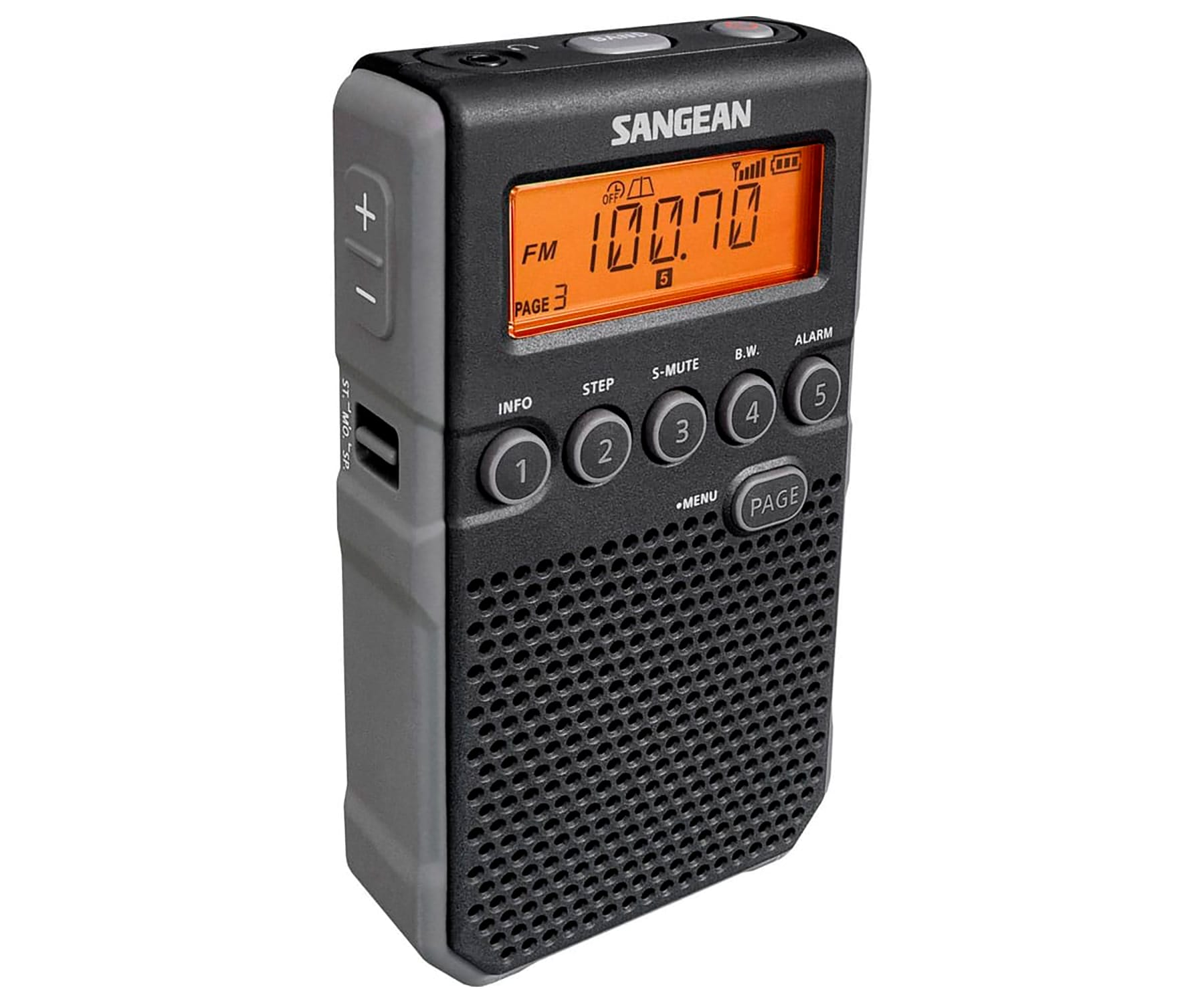 Czarno-szare przenośne radio z pomarańczowym wyświetlaczem. Przyciski i tekst oznaczają elementy sterujące.