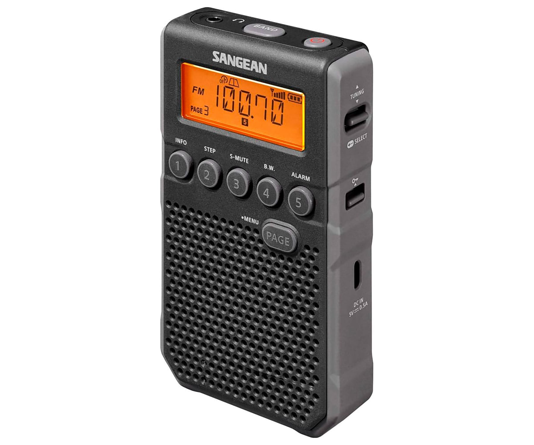 Czarno-szare przenośne radio z wyświetlaczem, przyciskami i głośnikiem.