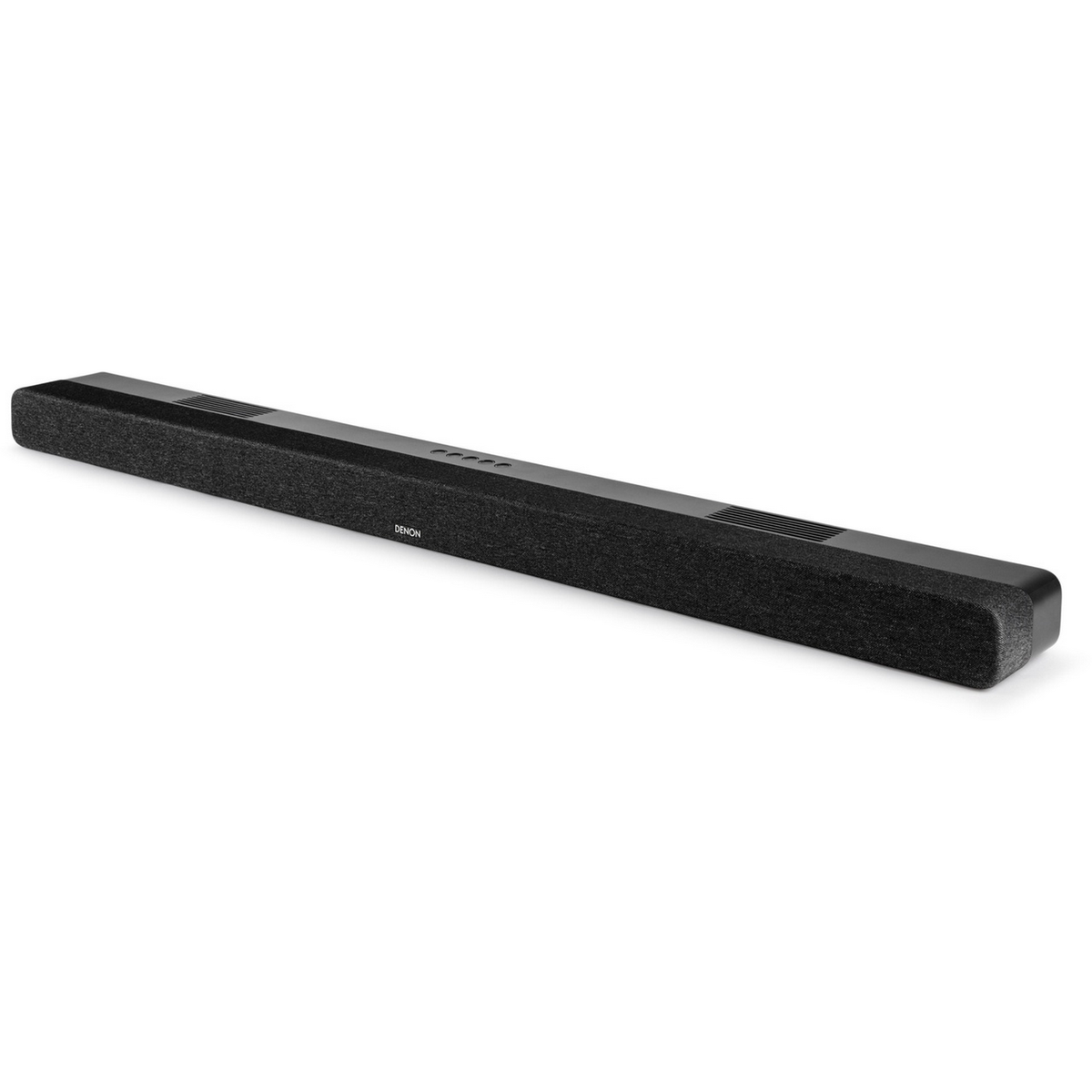 Schwarze Denon Soundbar auf weißer Oberfläche, schlichtes Design, Vorderansicht.