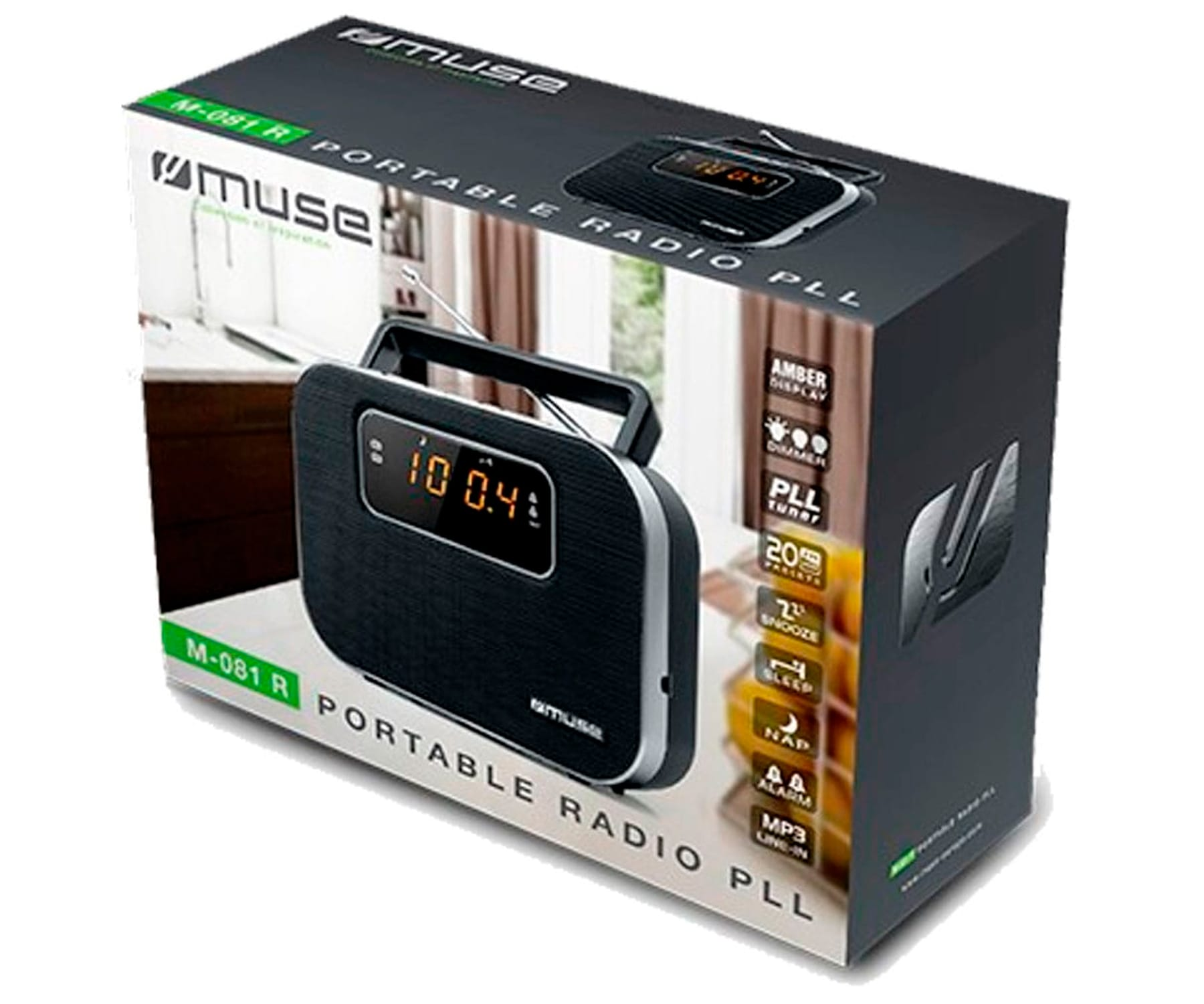 Radio w pudełku, z wyświetlaczem cyfrowym, przyciskami i uchwytem. Pudełko zawiera tekst i obrazy.