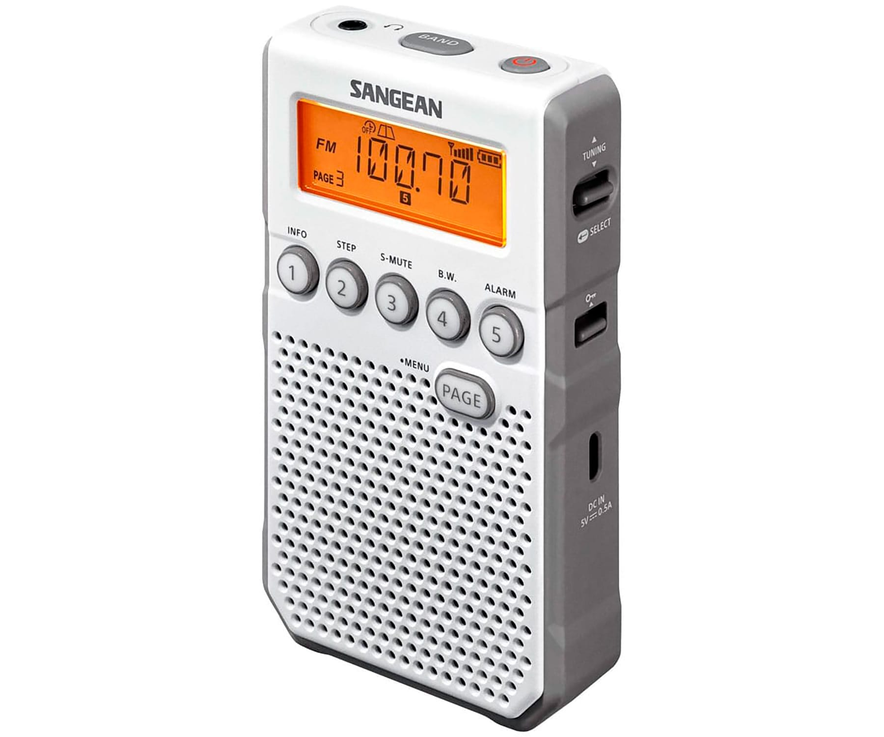 Ein weißes und graues tragbares Radio. Das Radio hat ein Display, Knöpfe und einen Drehregler.