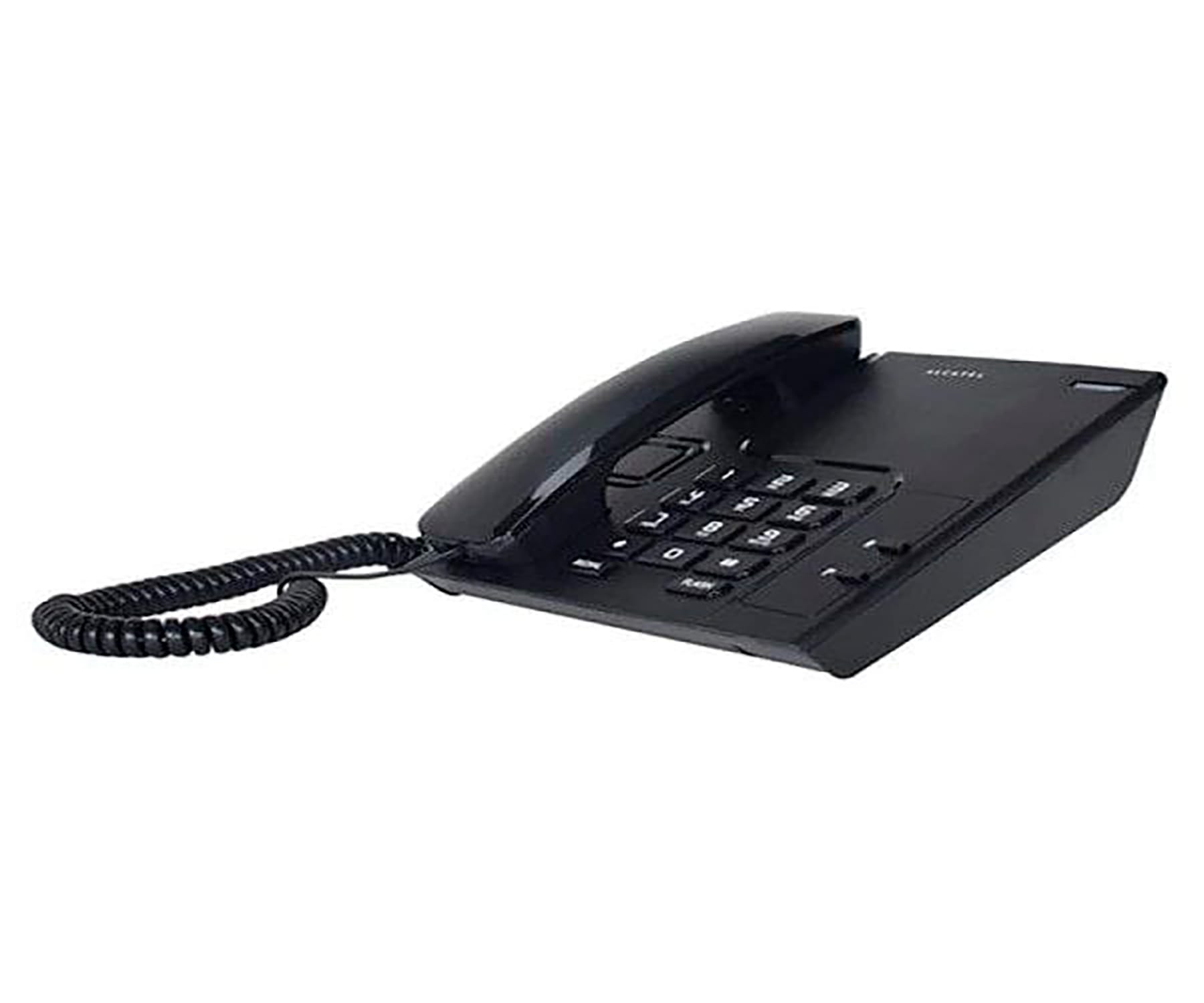 Un teléfono Alcatel negro. Tiene un auricular, base y botones. El cable está enrollado.