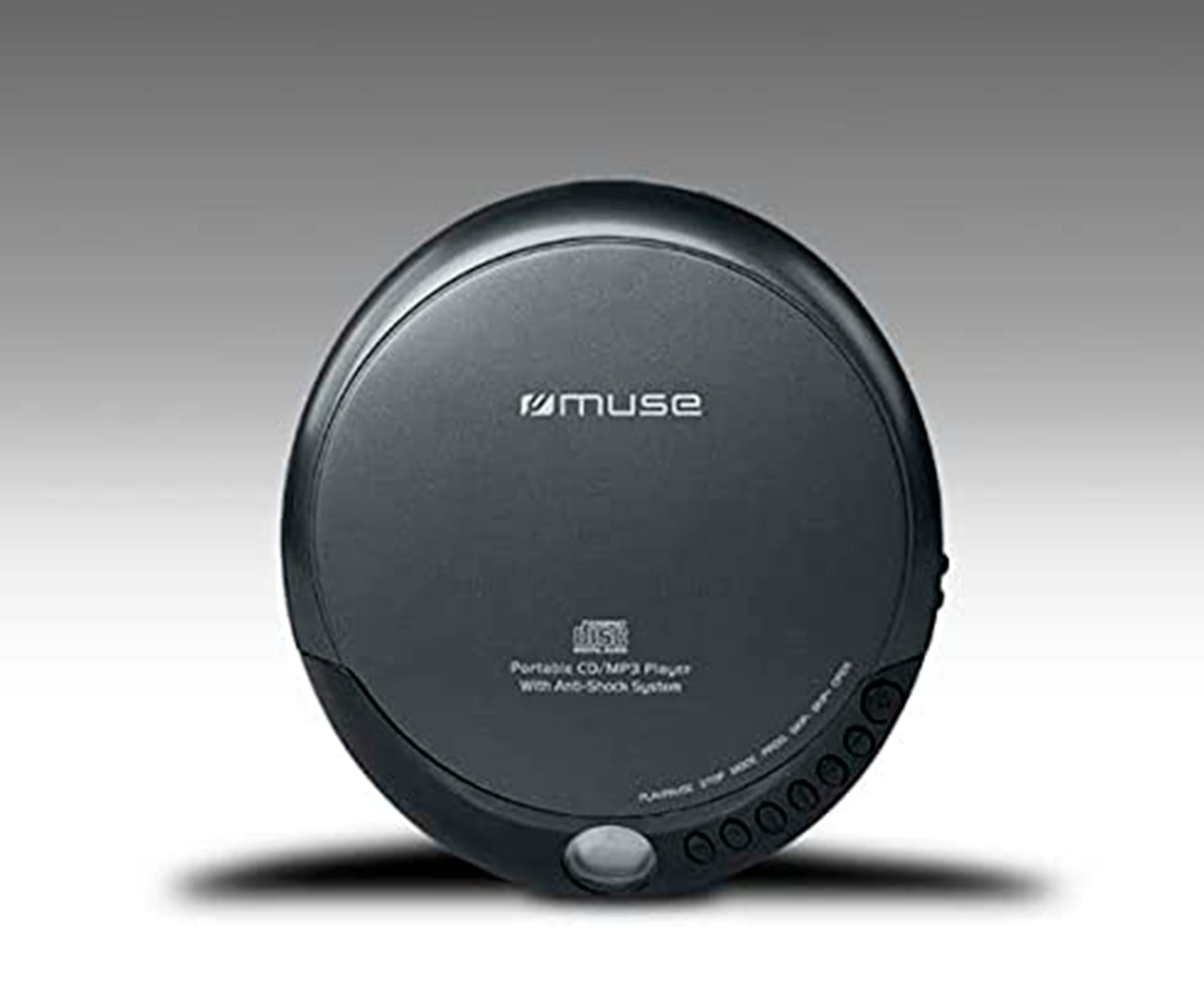 Lecteur CD/MP3 portable noir avec le logo Muse. Fond blanc.