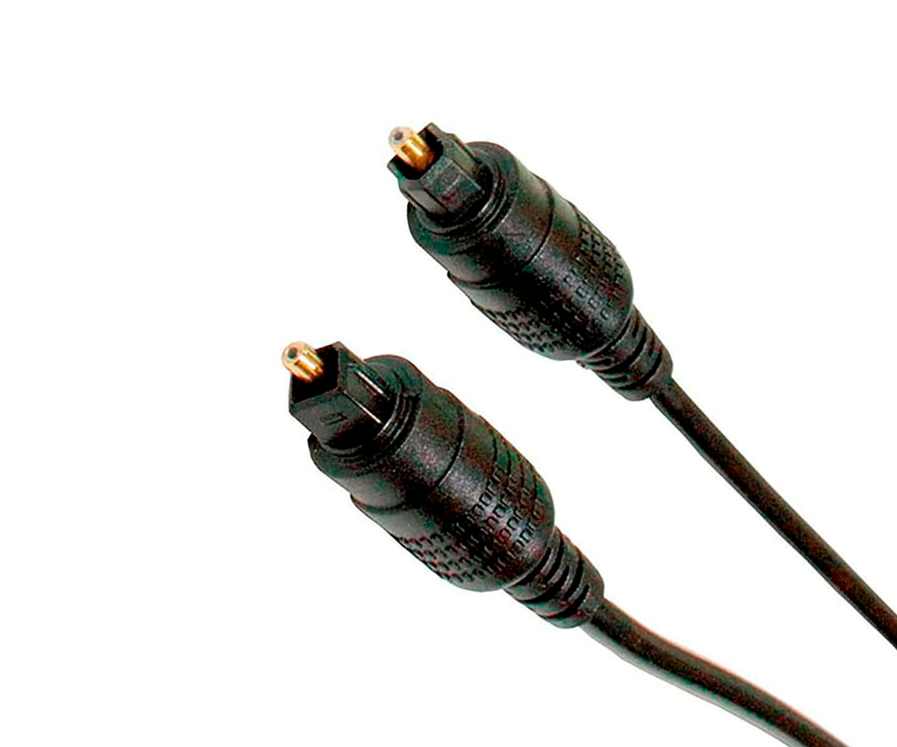 Dos cables de audio ópticos negros con puntas doradas sobre fondo blanco.