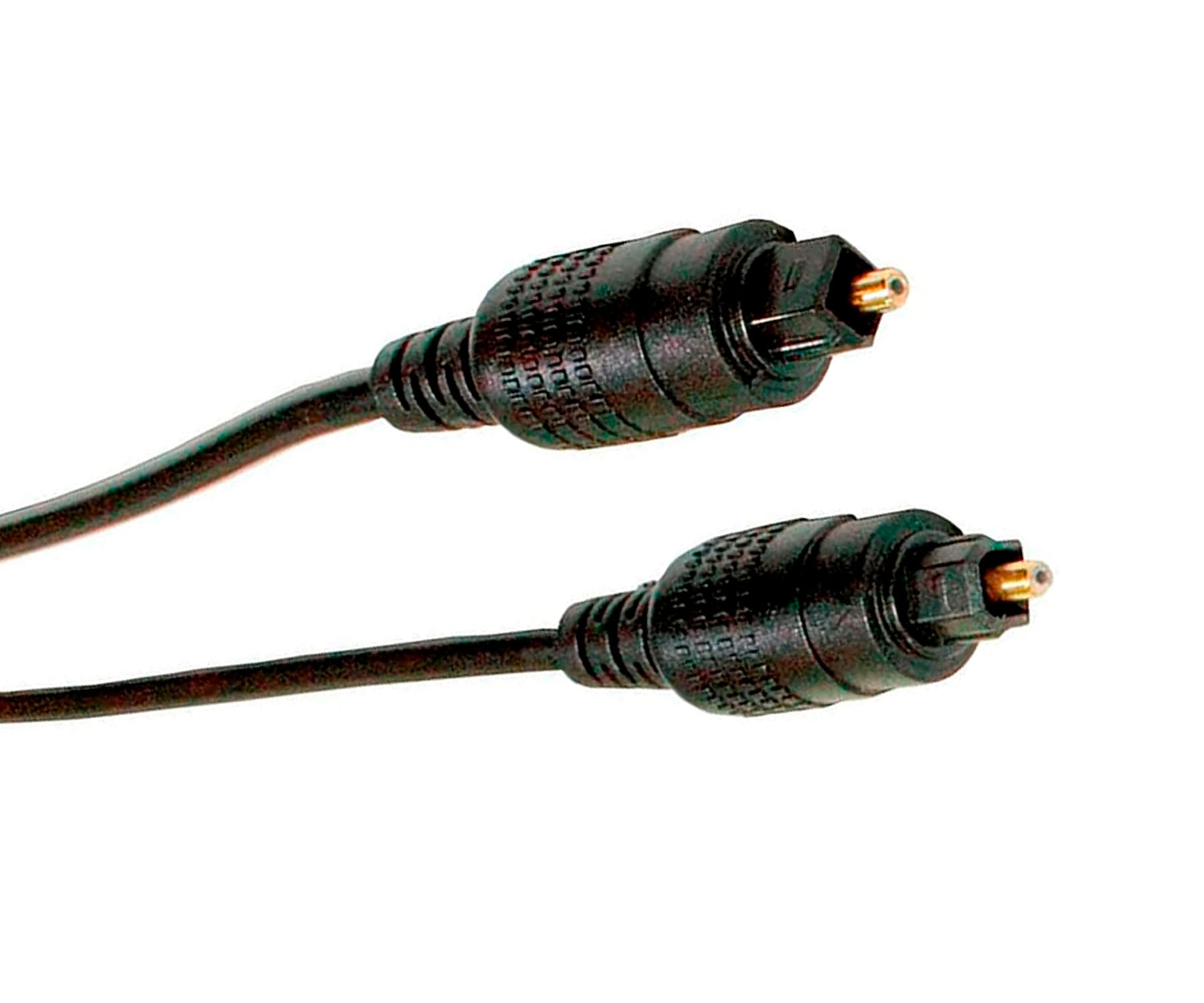 Cables de audio ópticos negros con conectores sobre un fondo blanco. Los cables son flexibles y tienen una apariencia brillante.