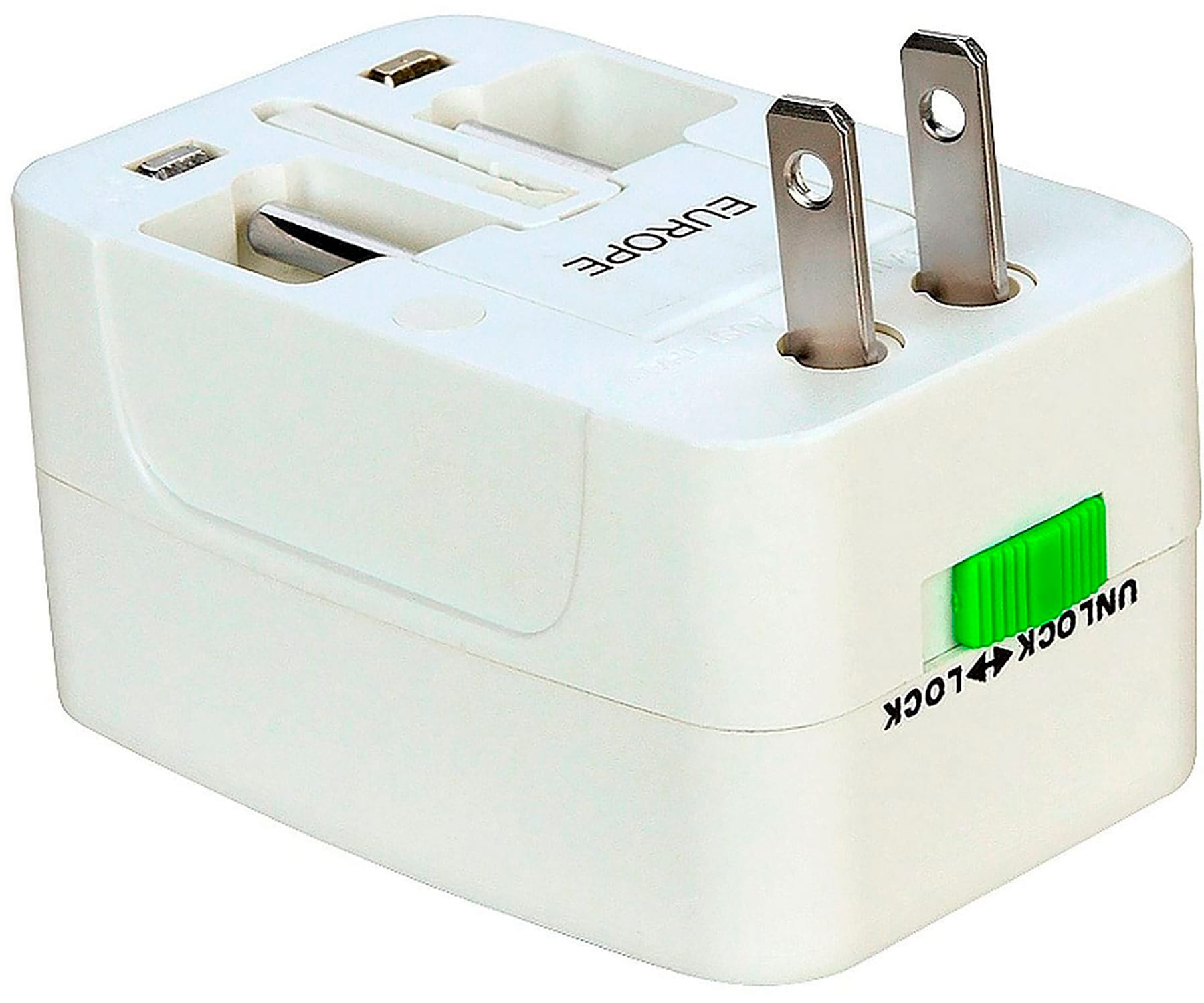 Adattatore da viaggio bianco con prese multiple e un interruttore verde di sblocco/blocco.