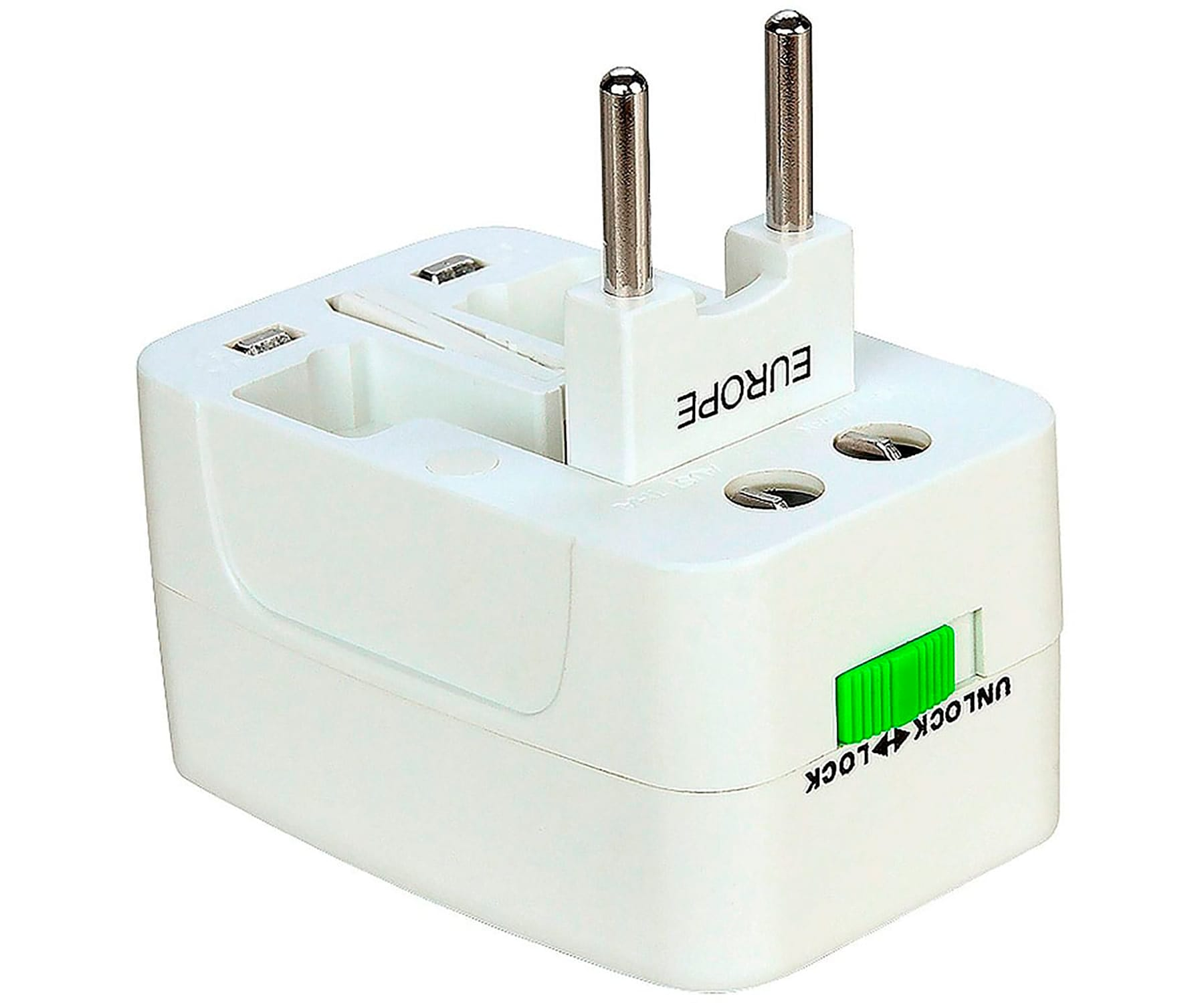 Adattatore da viaggio europeo bianco con due spine e interruttore verde sblocco/blocco.