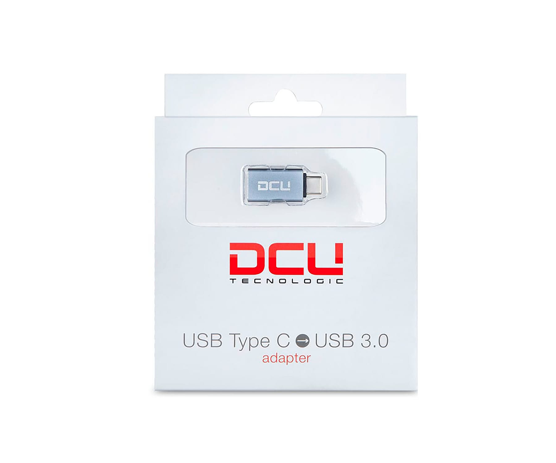 Caja blanca con un adaptador USB-C a USB 3.0, con el logo DCL.