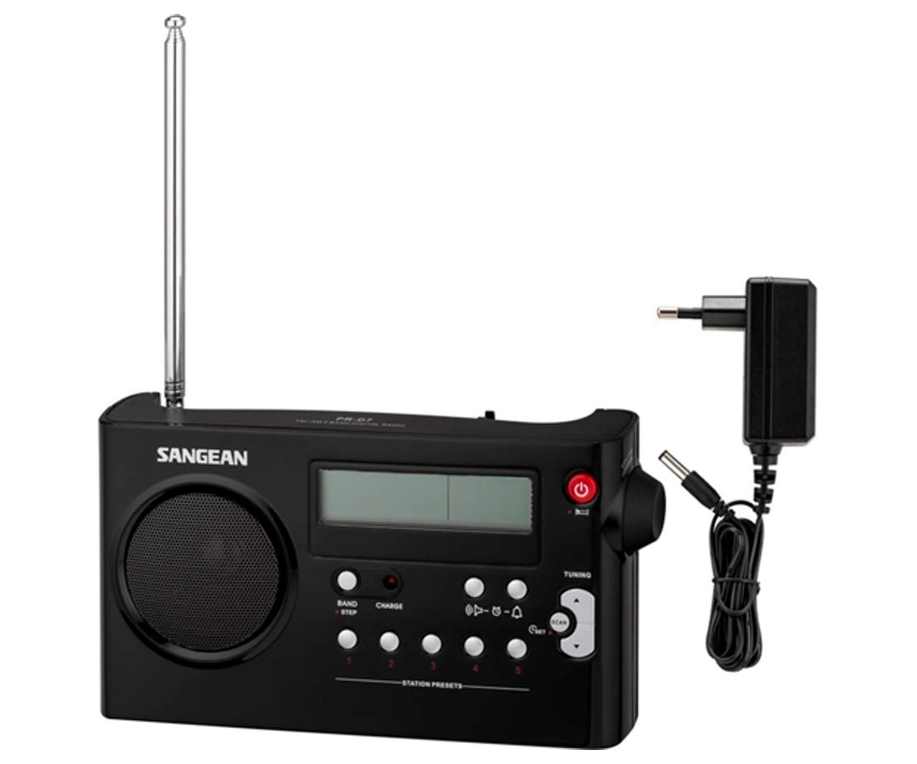 Radio negro con antena y cargador. Botones y pantalla visibles. Fondo blanco.