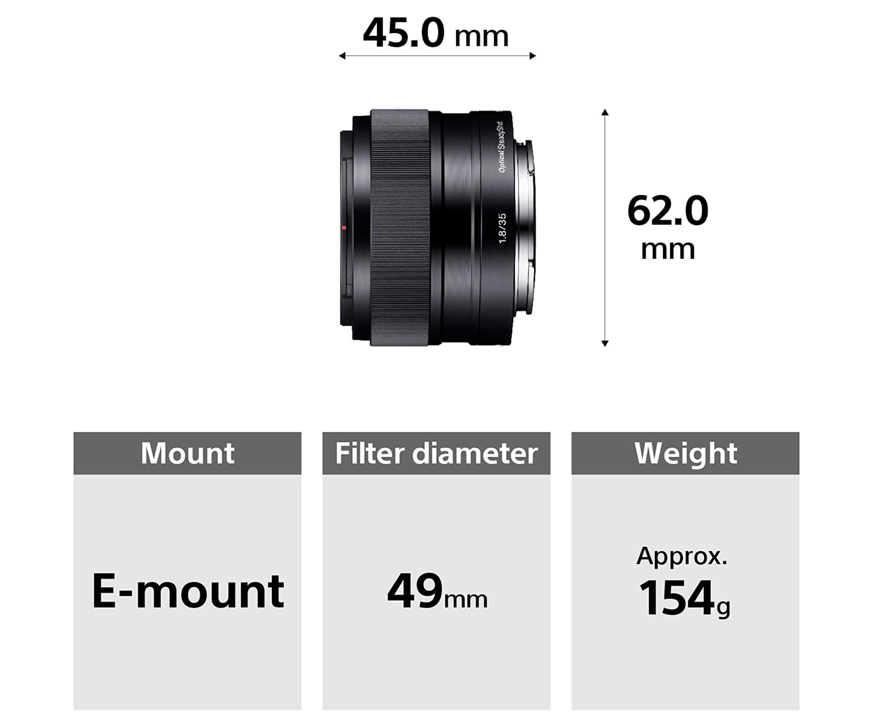 Objectif d'appareil photo noir avec mesures et spécifications sur fond blanc.