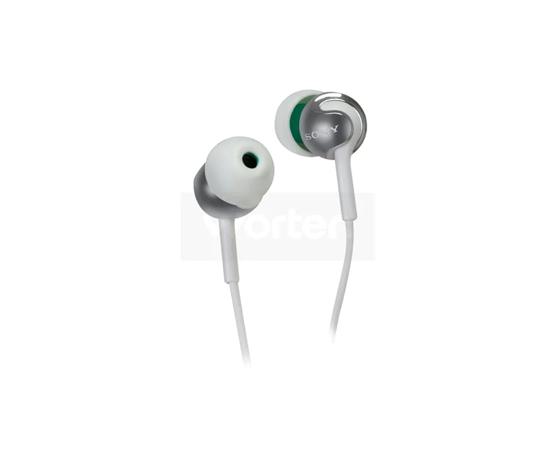 Auricolari bianchi e argento con cavi bianchi su sfondo bianco.