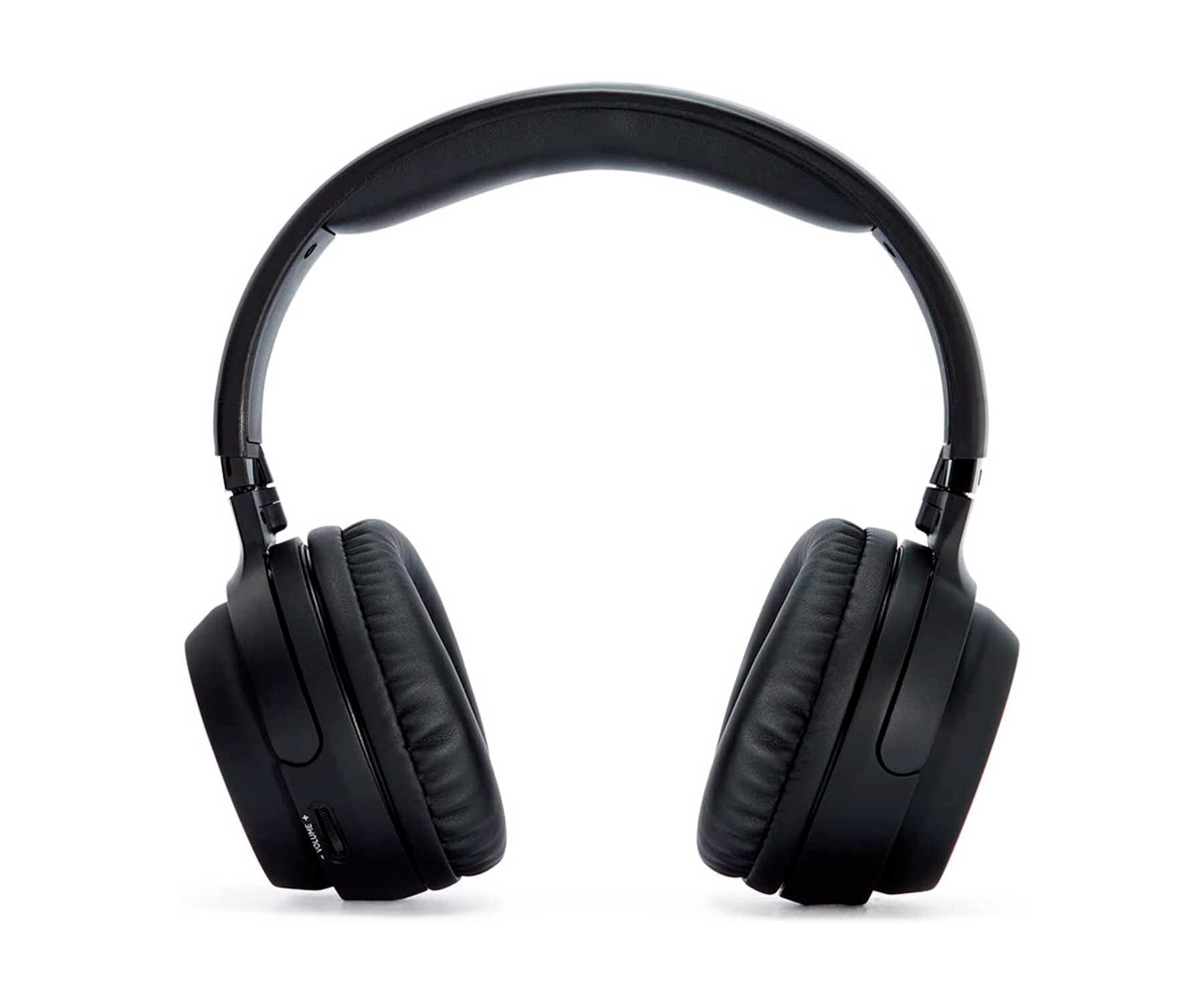 Czarne słuchawki na białym tle. Konstrukcja nauszna z wyściółką.