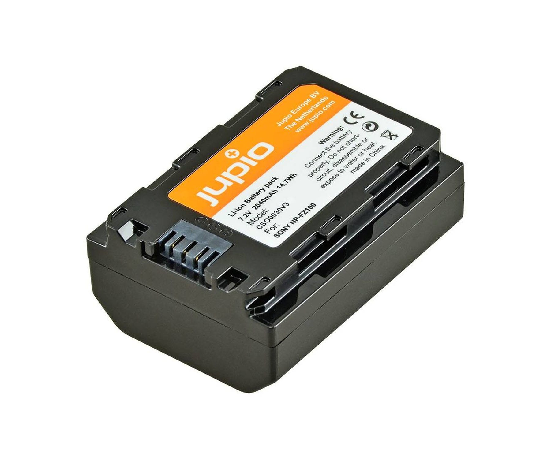 Akumulator Jupio do aparatu, czarny z pomarańczową etykietą.