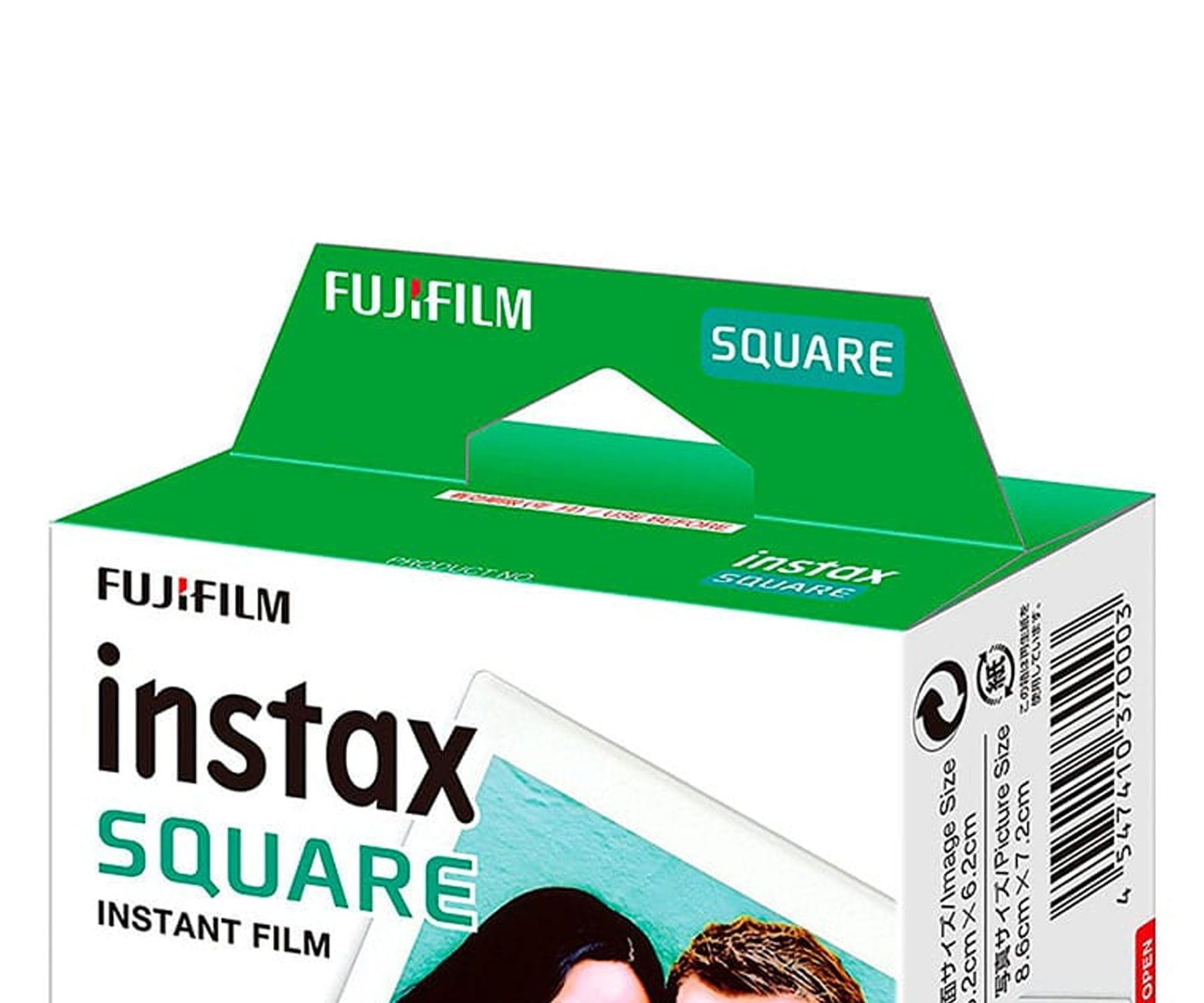 Zielone i białe pudełko filmu Instax Square, z logo Fujifilm i zdjęciem.