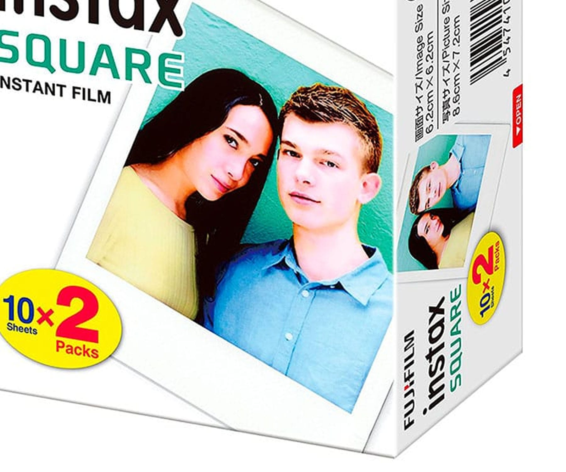 Pudełko filmu Instax Square z dwiema osobami na zdjęciu z przodu.