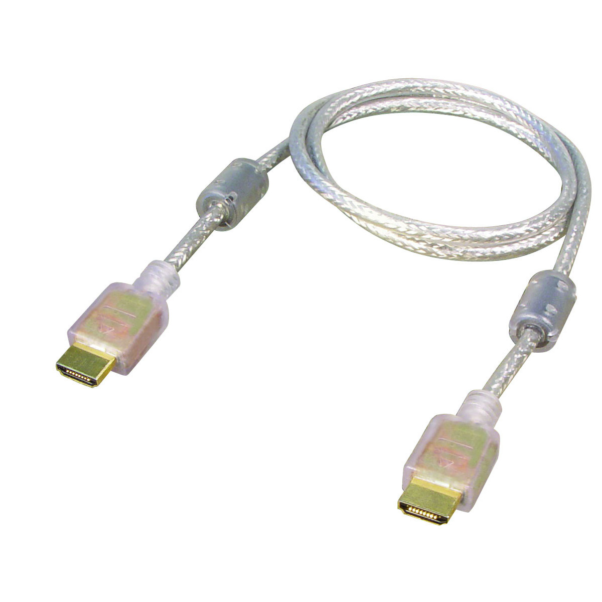 Silbernes HDMI-Kabel mit Anschlüssen an jedem Ende. Das Kabel ist aufgerollt und einsatzbereit.