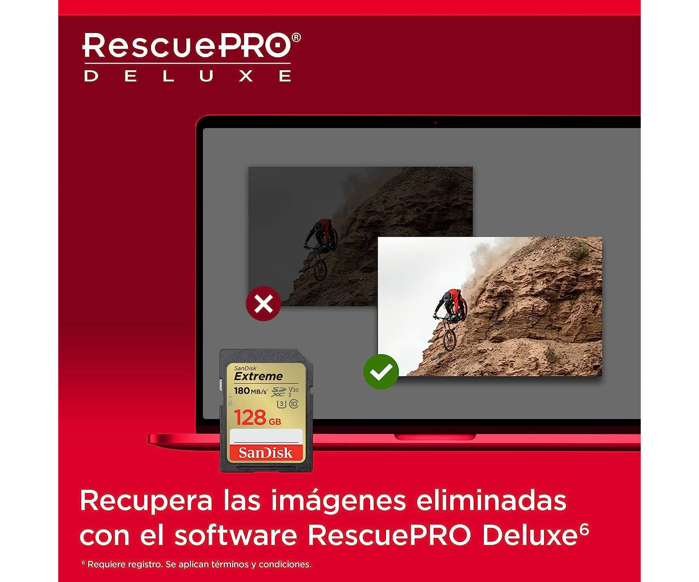 Tarjeta SD Sandisk Extreme junto a una pantalla de portátil con imagen recuperada.