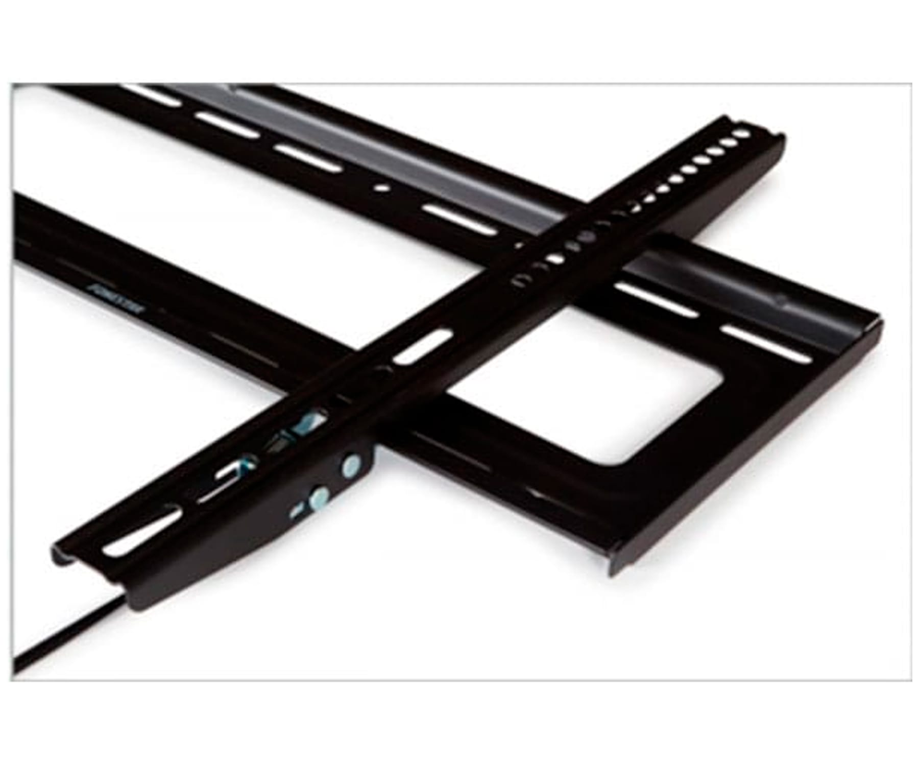 Soportes de montaje de TV negros, dos raíles largos y un soporte cuadrado corto.